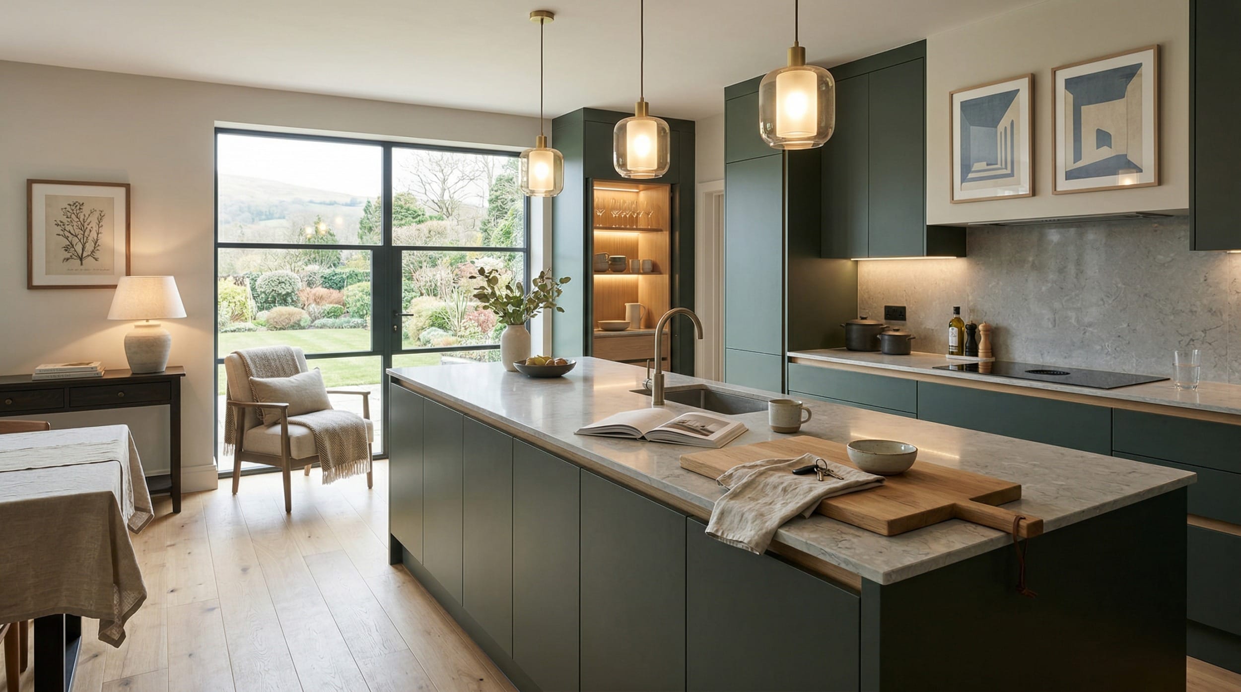 hero2_1200x675-253 Mastercraft bespoke kitchen in Bryn Newydd, wide architectural view showing room volume and design quality