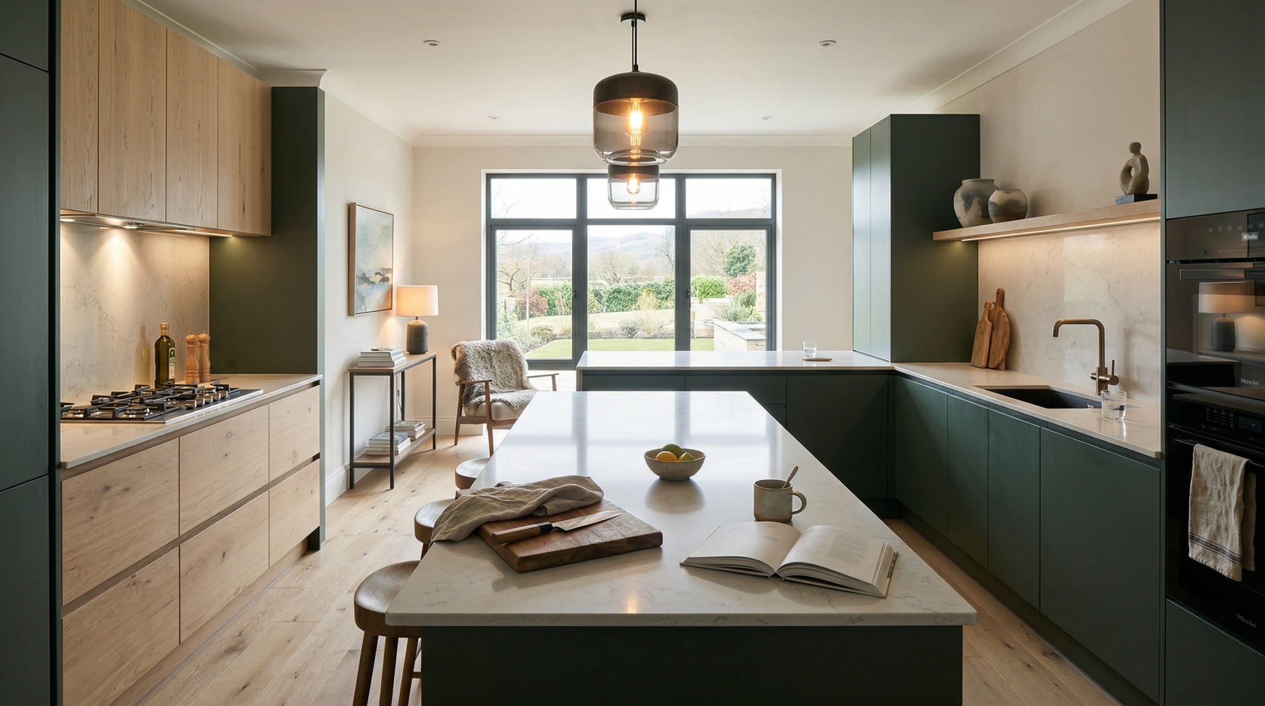 Mastercraft bespoke kitchen in Carrog, wide architectural view showing room volume and design quality