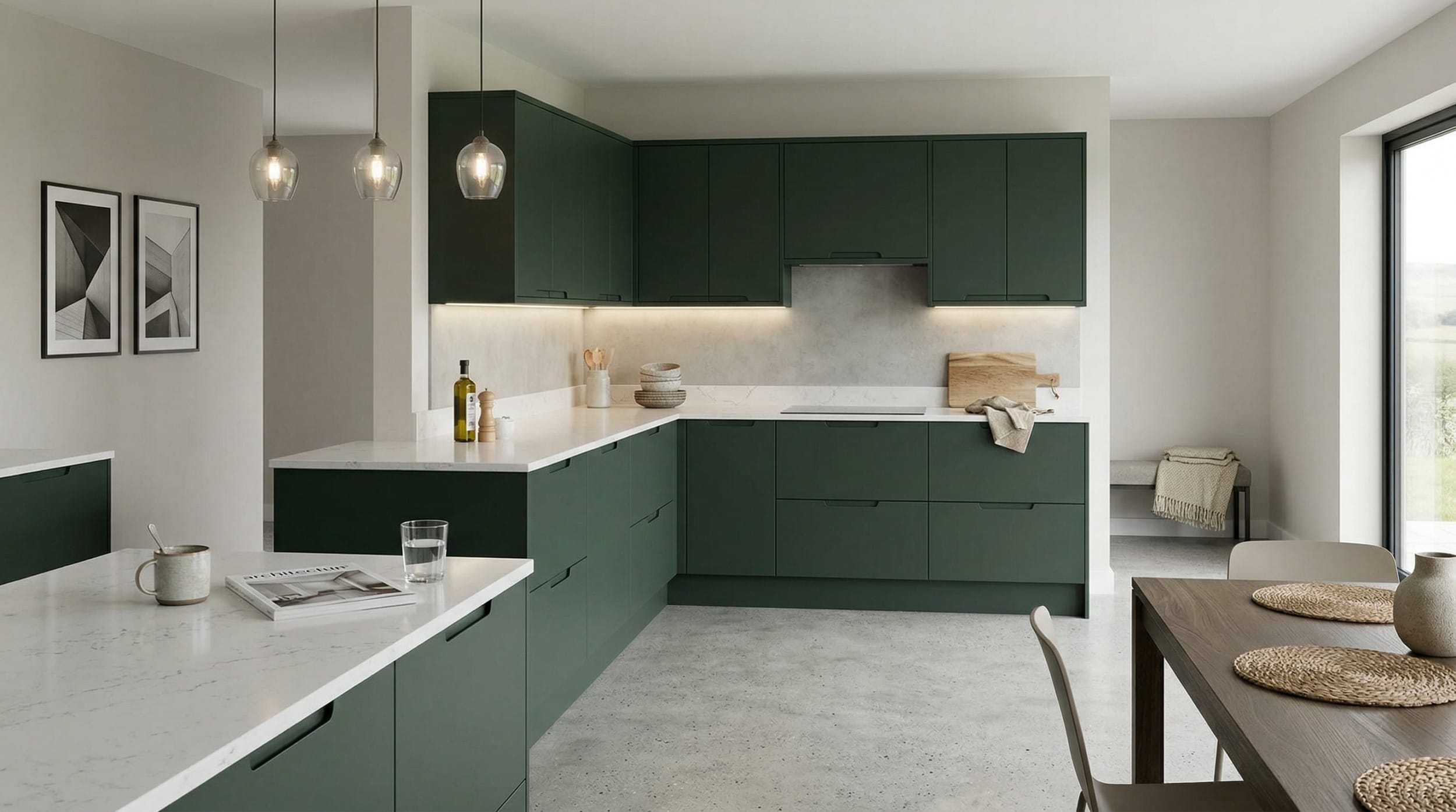 Mastercraft bespoke kitchen in Cefn, wide architectural view showing room volume and design quality