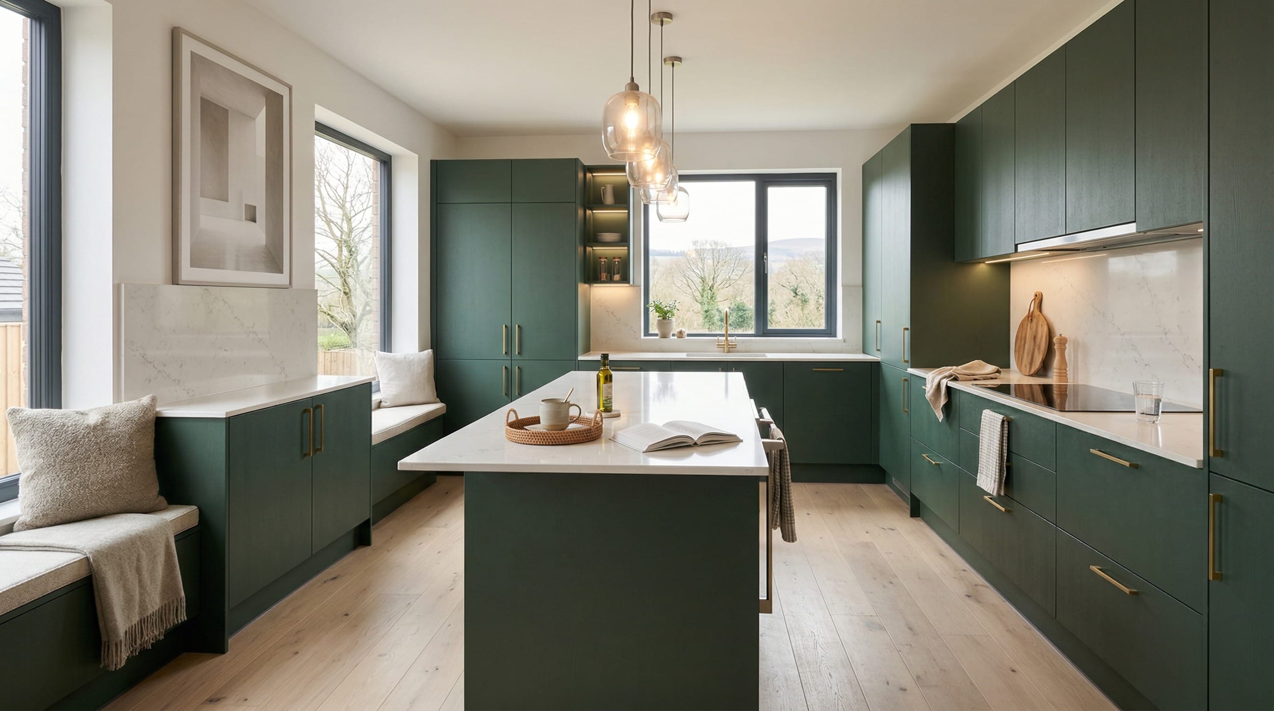 Mastercraft bespoke kitchen in Prestatyn, wide architectural view showing room volume and design quality