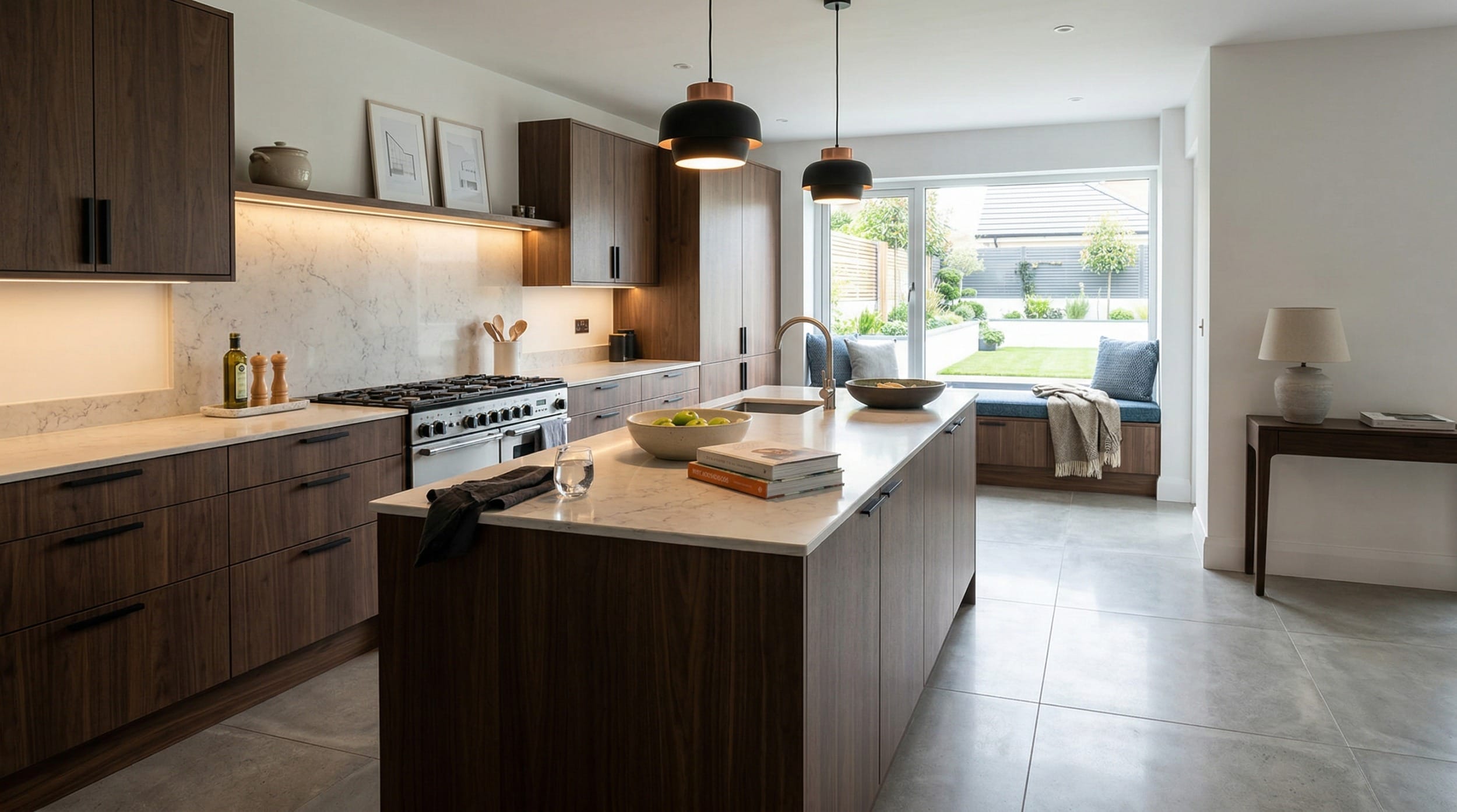 Mastercraft bespoke kitchen in Rhyl, wide architectural view showing room volume and design quality