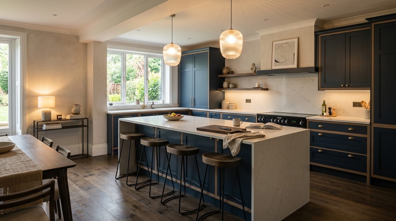 Mastercraft bespoke kitchen in Ponteland, wide architectural view showing room volume and design quality