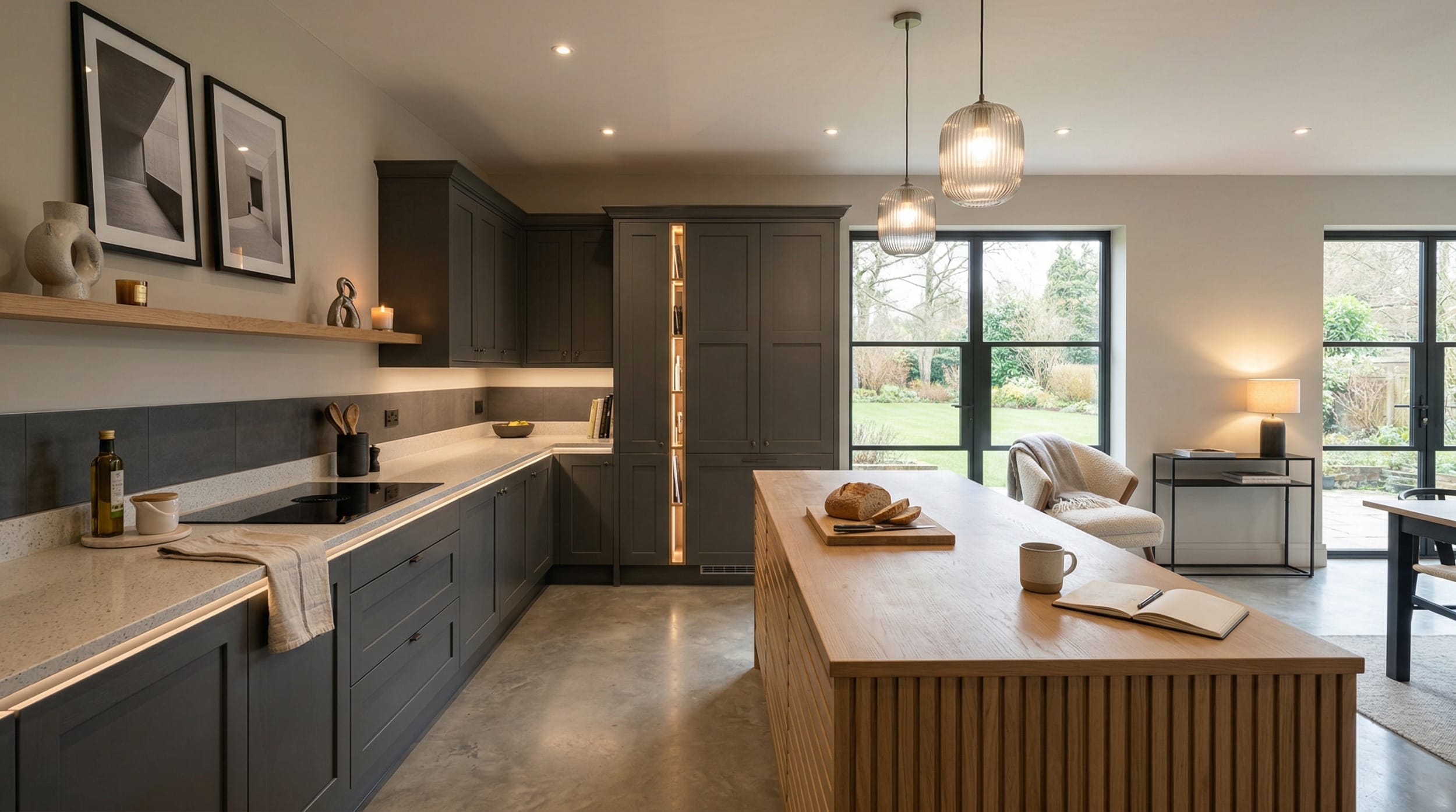 hero2_1200x675-262 Mastercraft bespoke kitchen in Brynford, wide architectural view showing room volume and design quality