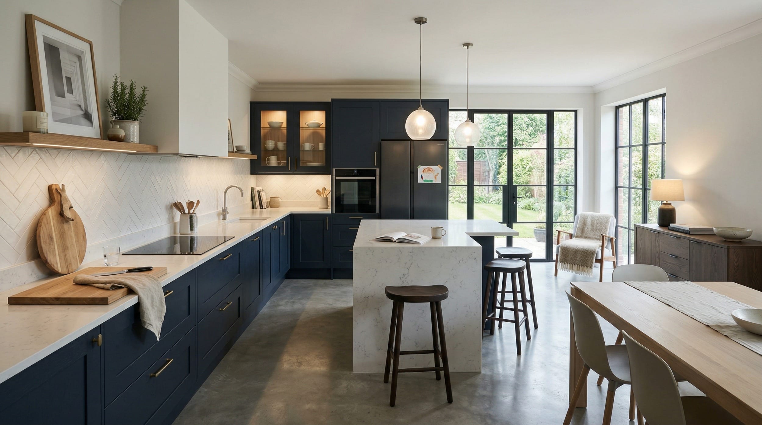 Mastercraft bespoke kitchen in Mold, wide architectural view showing room volume and design quality