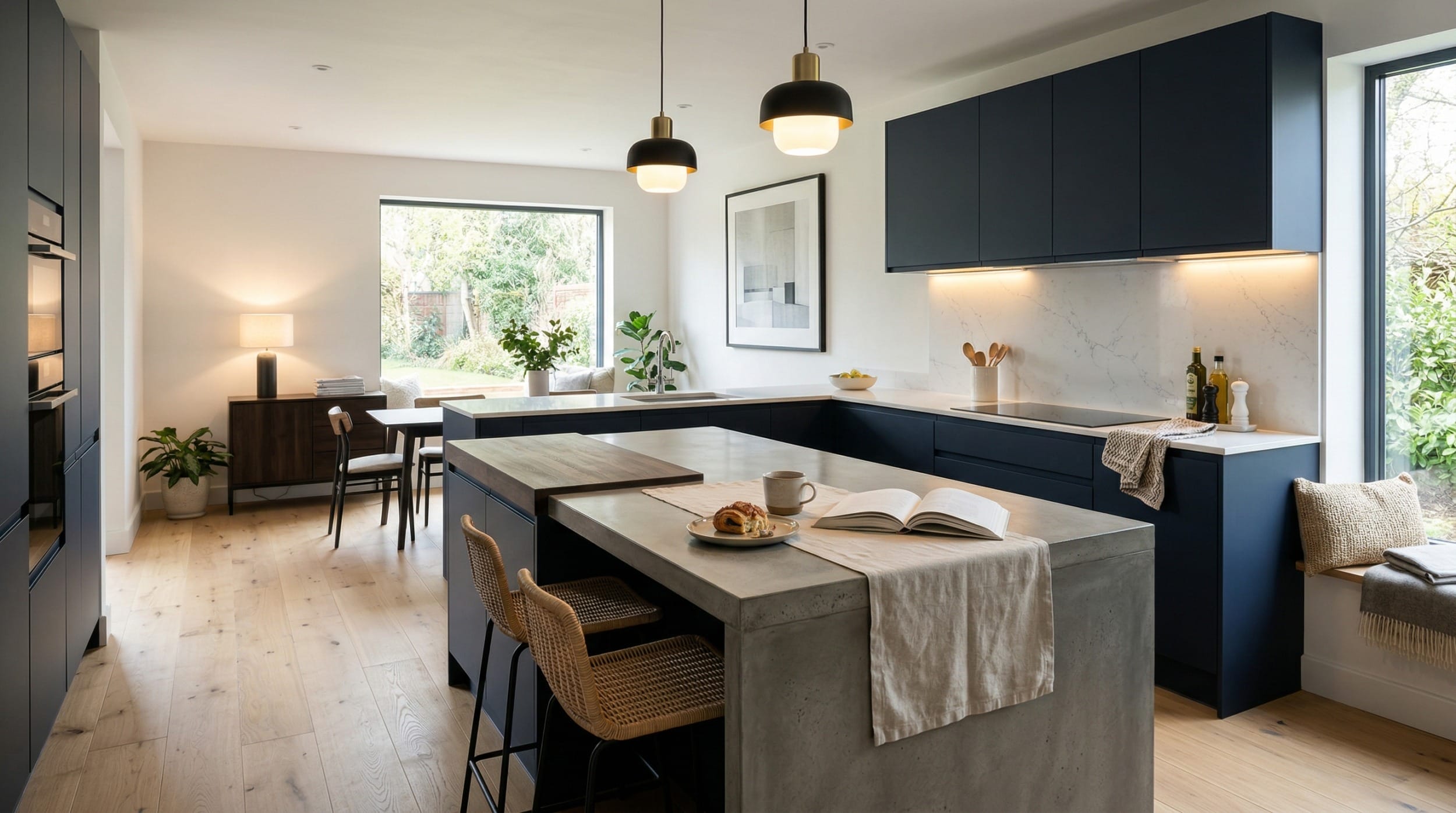 hero2_1200x675-268 Mastercraft bespoke kitchen in Arowry, wide architectural view showing room volume and design quality