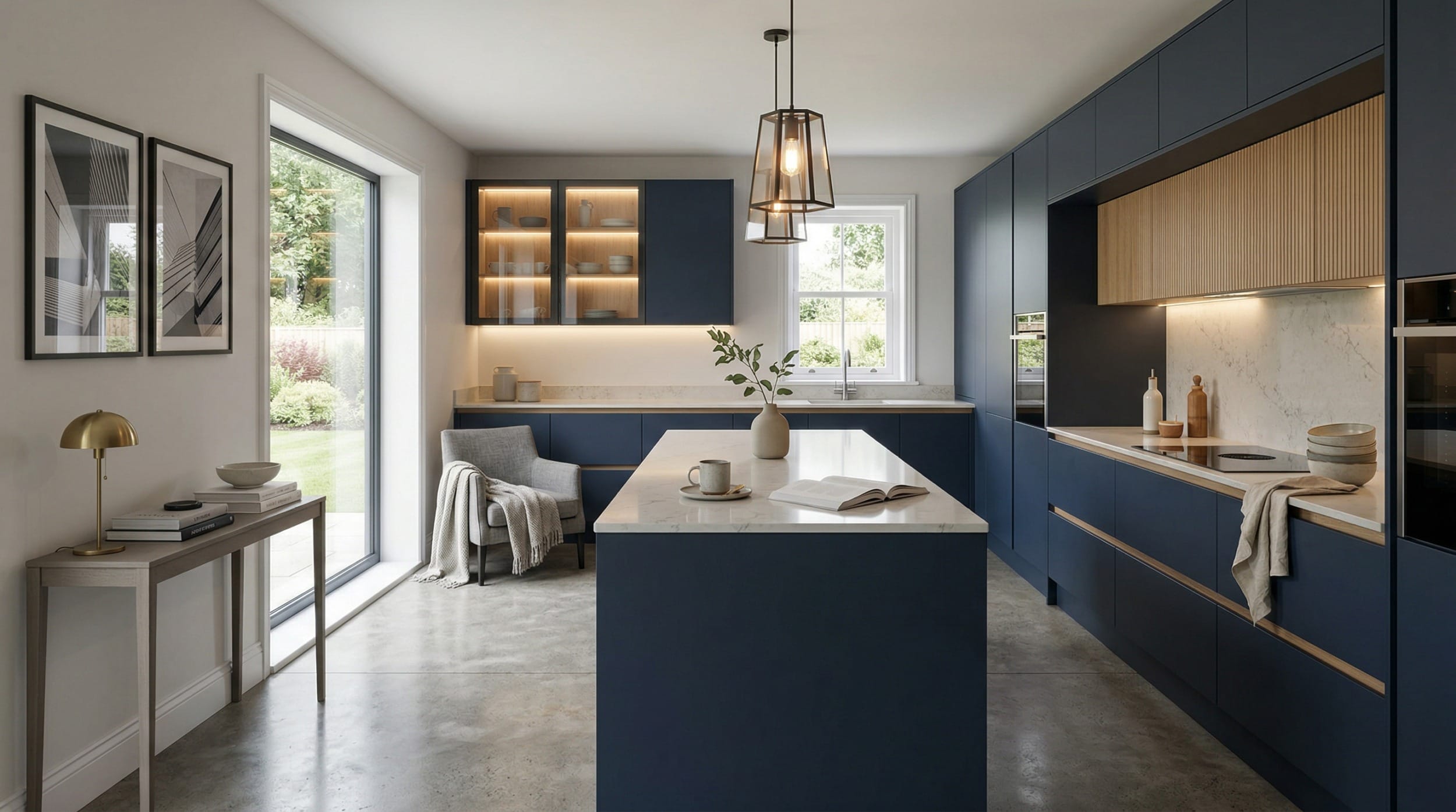 Mastercraft bespoke kitchen in Bersham, wide architectural view showing room volume and design quality