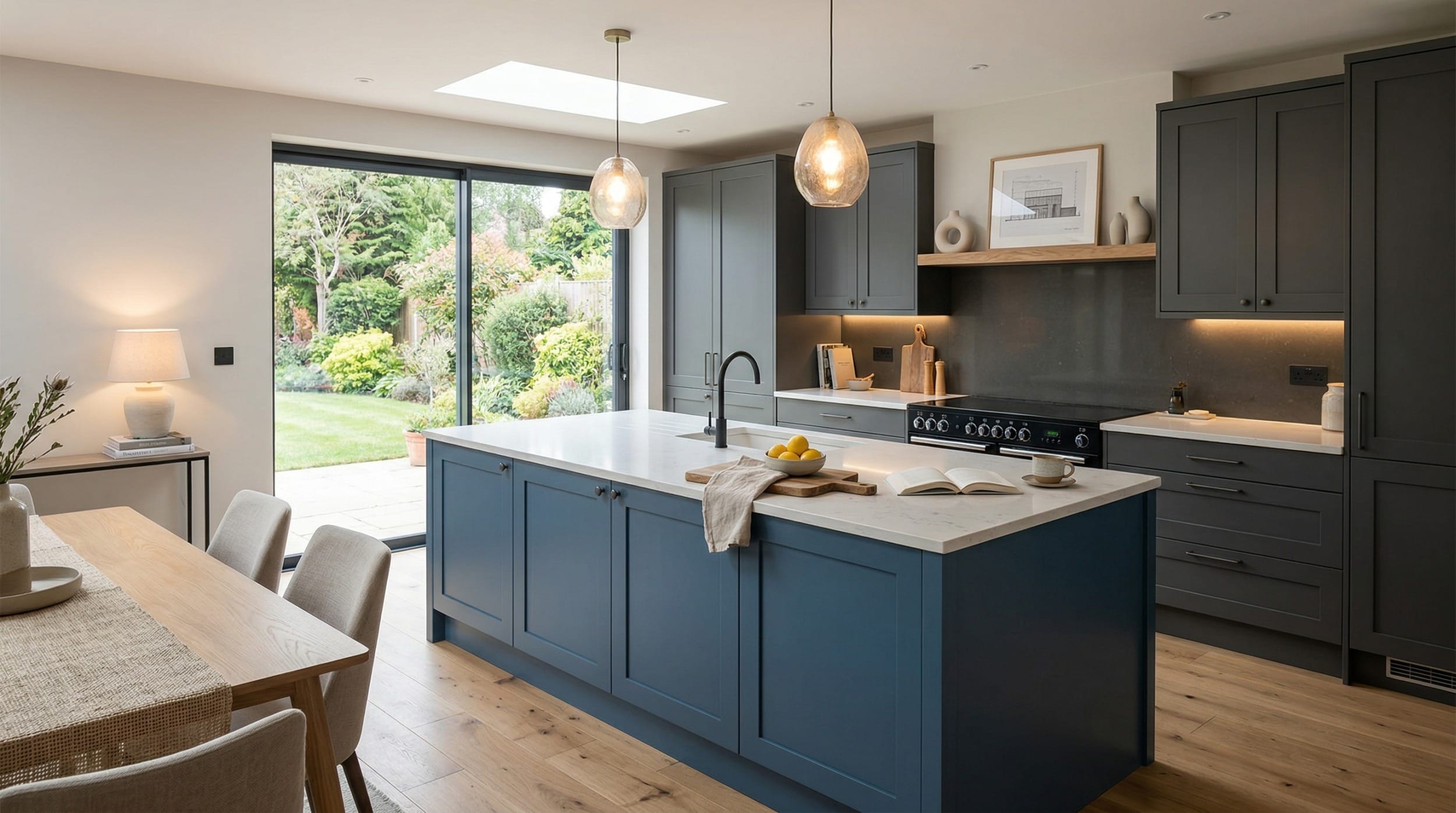 Mastercraft bespoke kitchen in Bettisfield, wide architectural view showing room volume and design quality