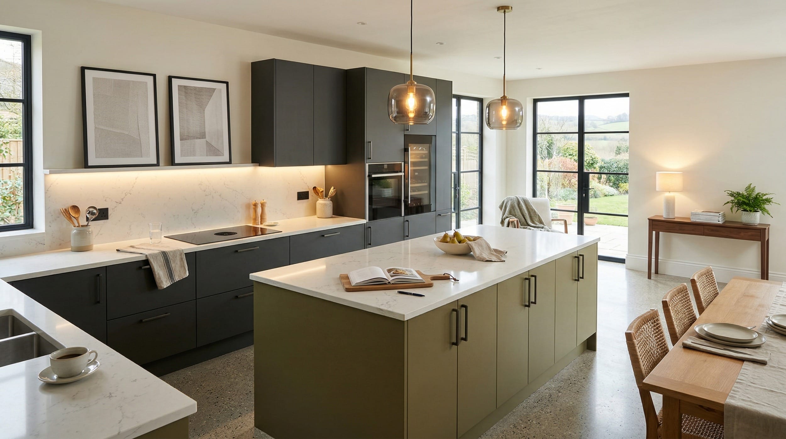 Mastercraft bespoke kitchen in Bowling Bank, wide architectural view showing room volume and design quality