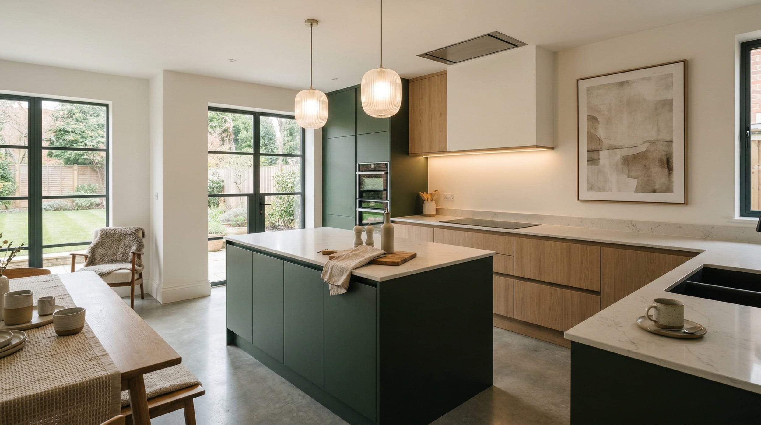 Mastercraft bespoke kitchen in Bradley, wide architectural view showing room volume and design quality