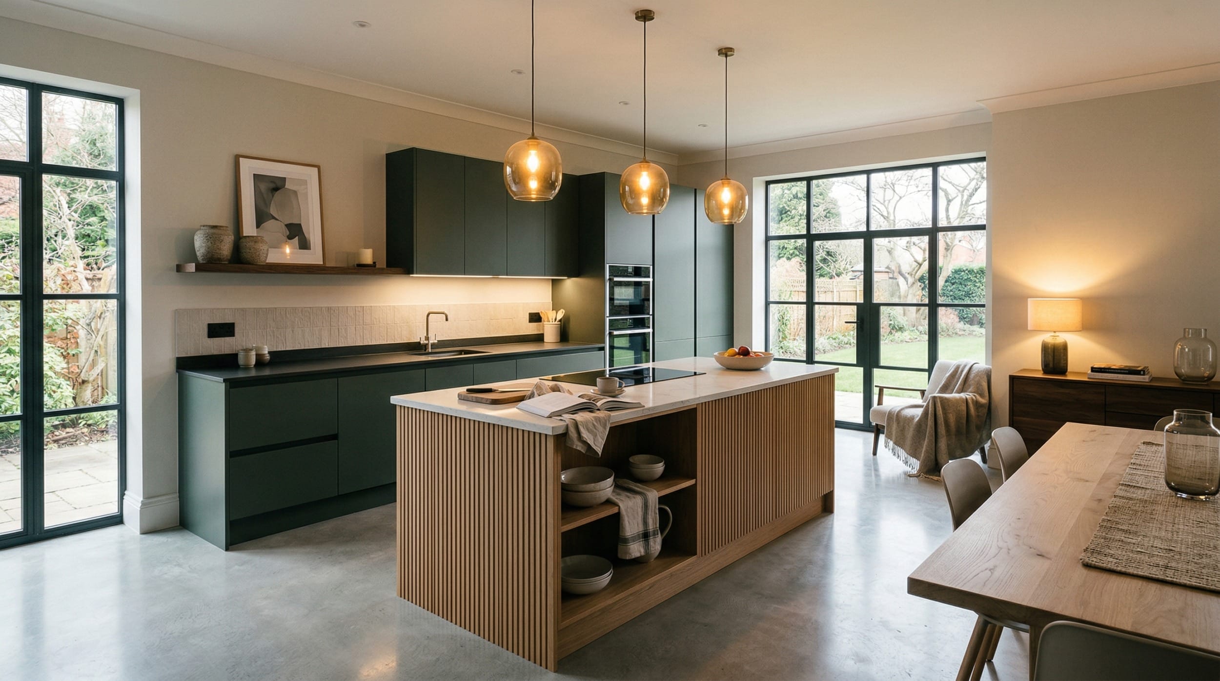 Mastercraft bespoke kitchen in Wrexham, wide architectural view showing room volume and design quality