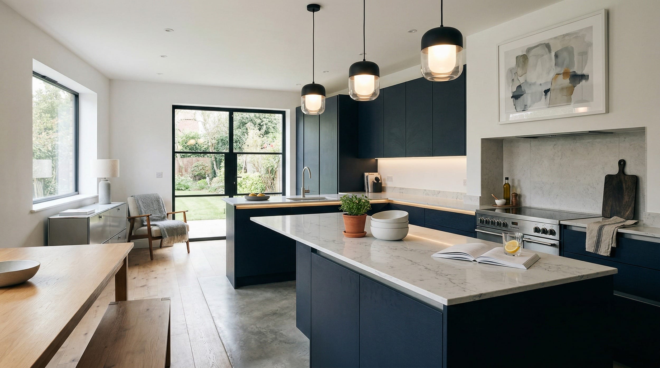 Mastercraft bespoke kitchen design, wide architectural view showing room volume and design quality