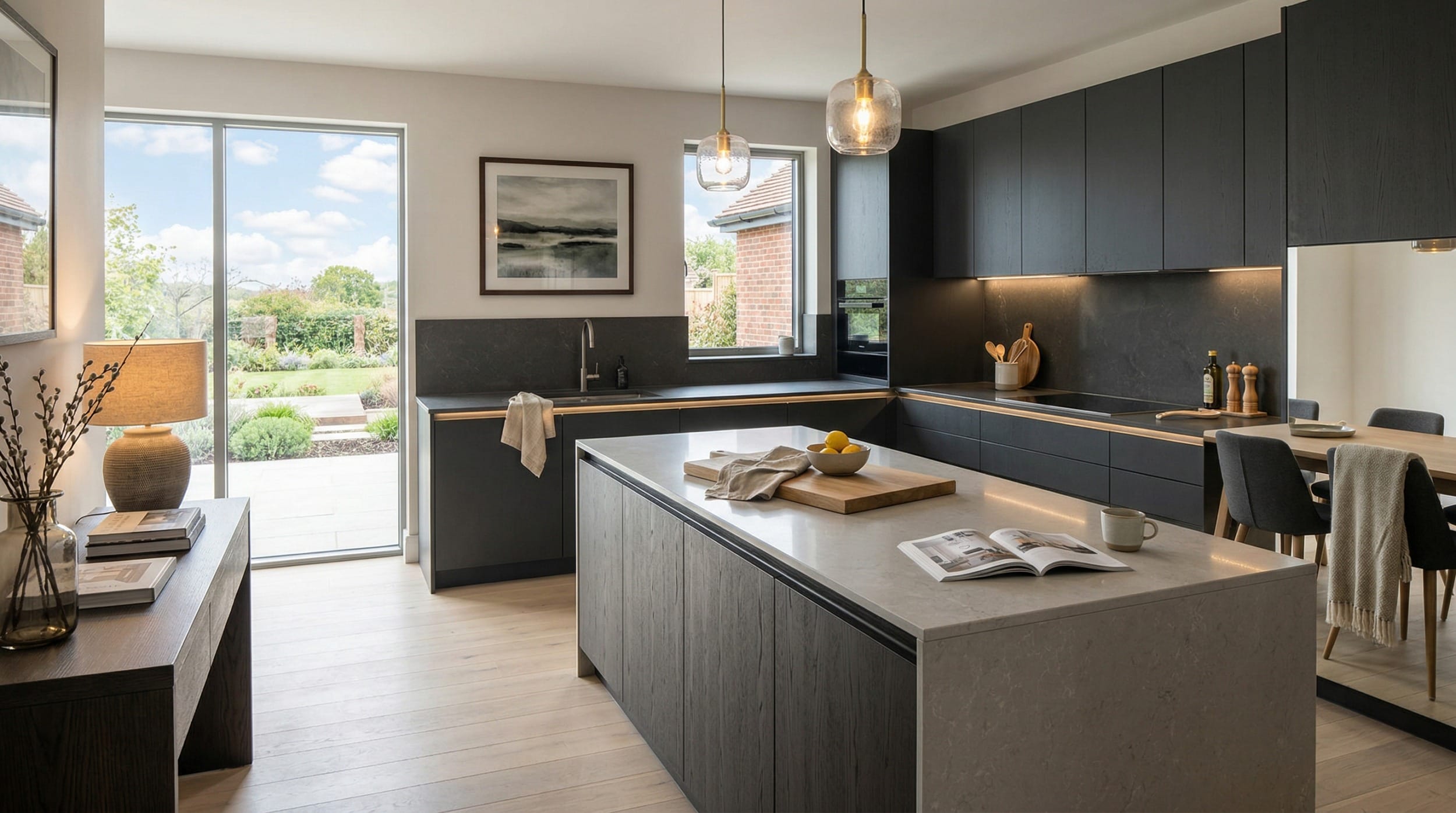 Mastercraft bespoke kitchen design, wide architectural view showing room volume and design quality