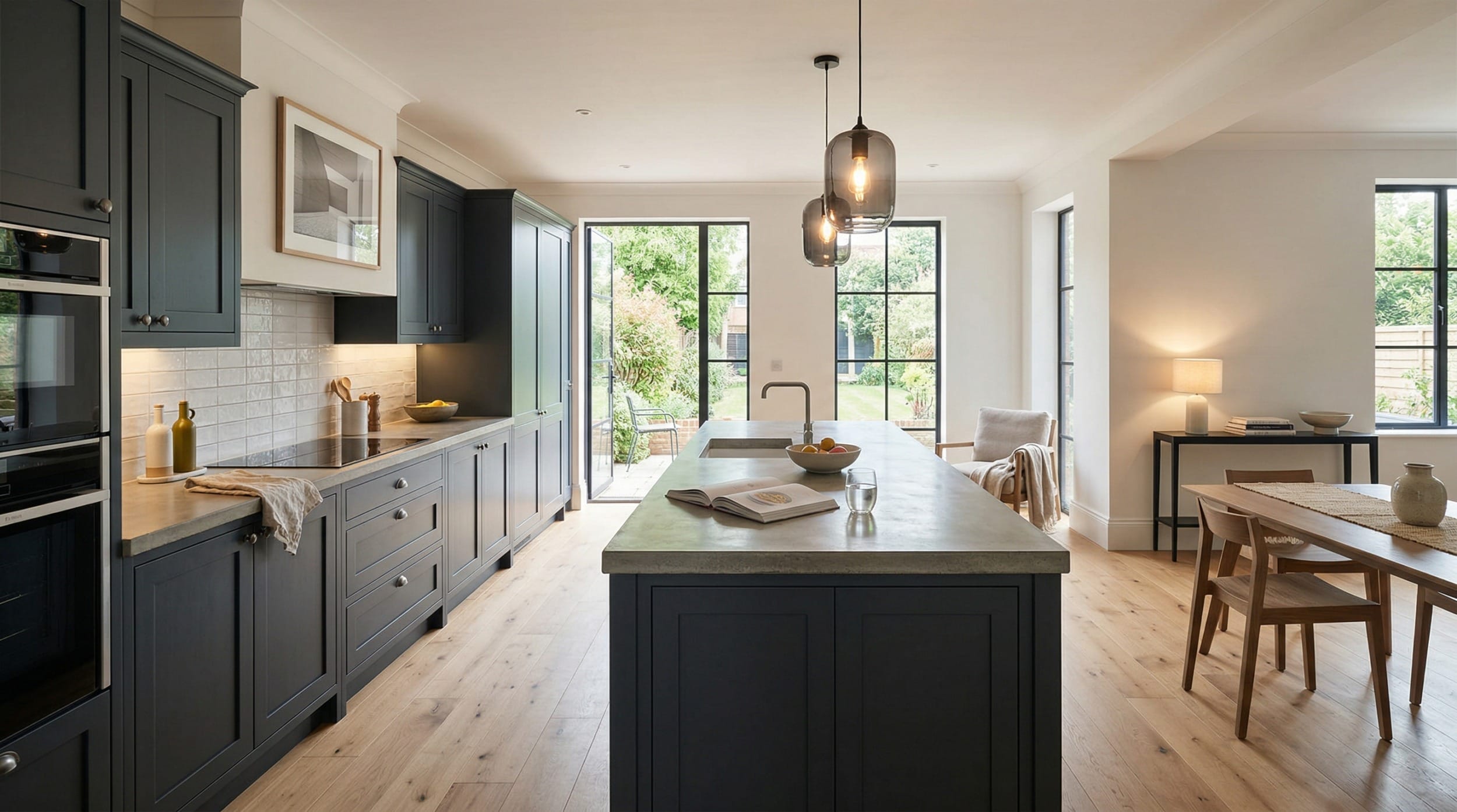 Mastercraft bespoke kitchen design, wide architectural view showing room volume and design quality