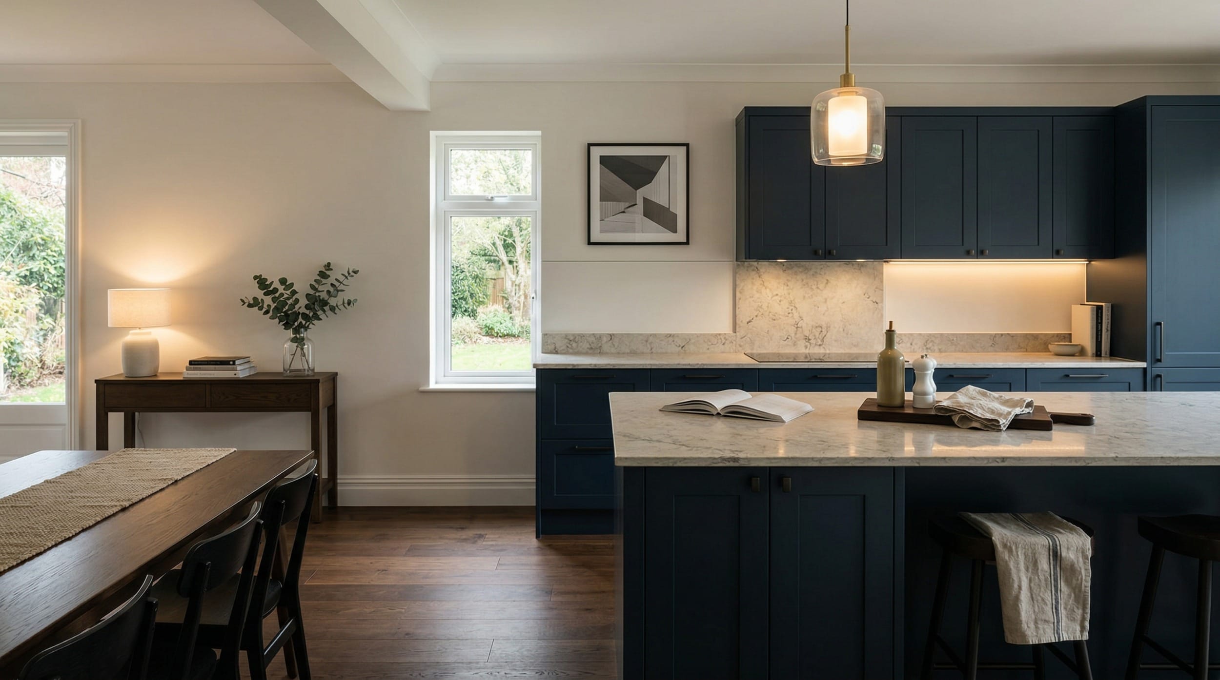 Mastercraft bespoke kitchen design, wide architectural view showing room volume and design quality