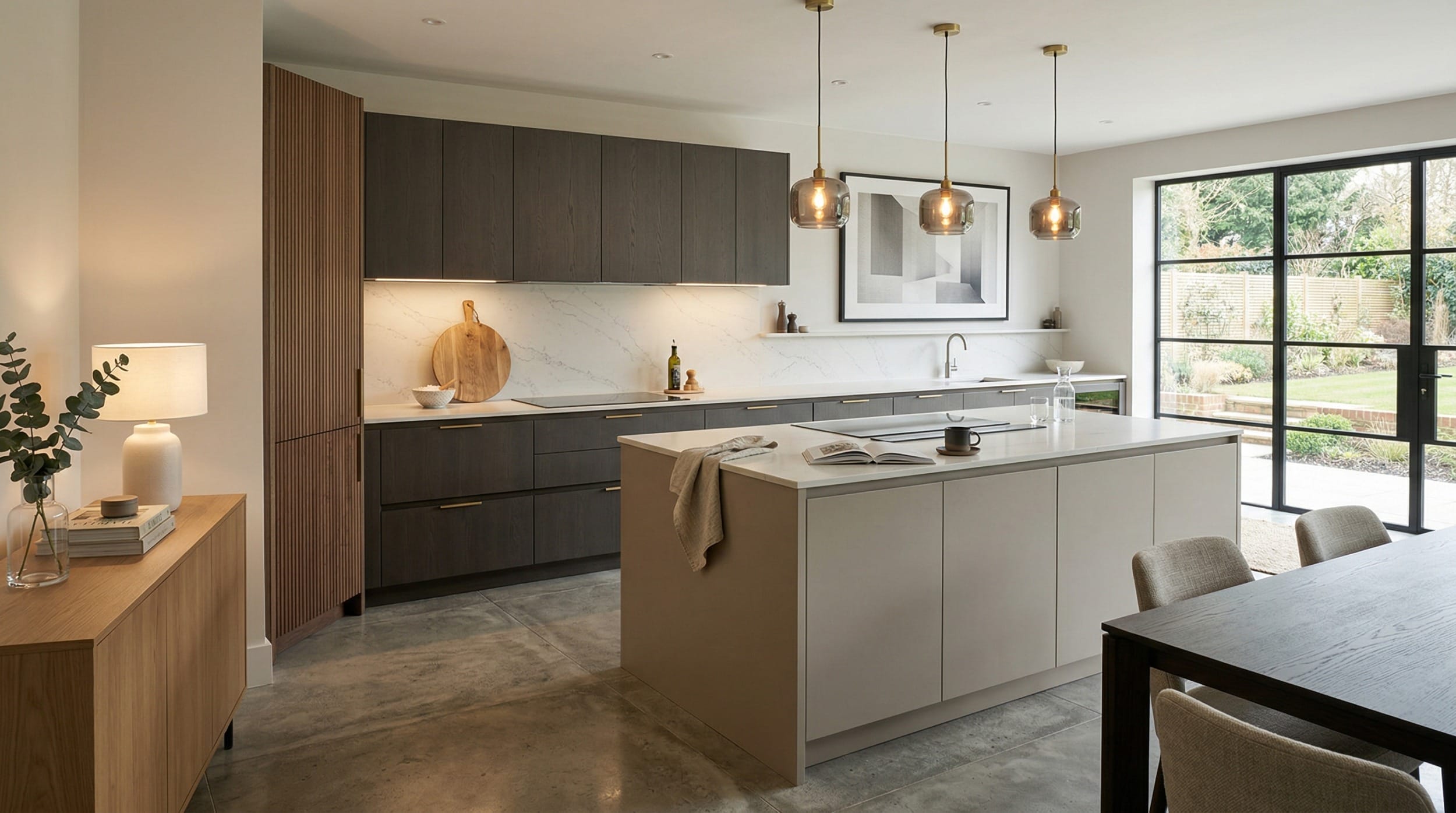 Mastercraft bespoke kitchen design, wide architectural view showing room volume and design quality