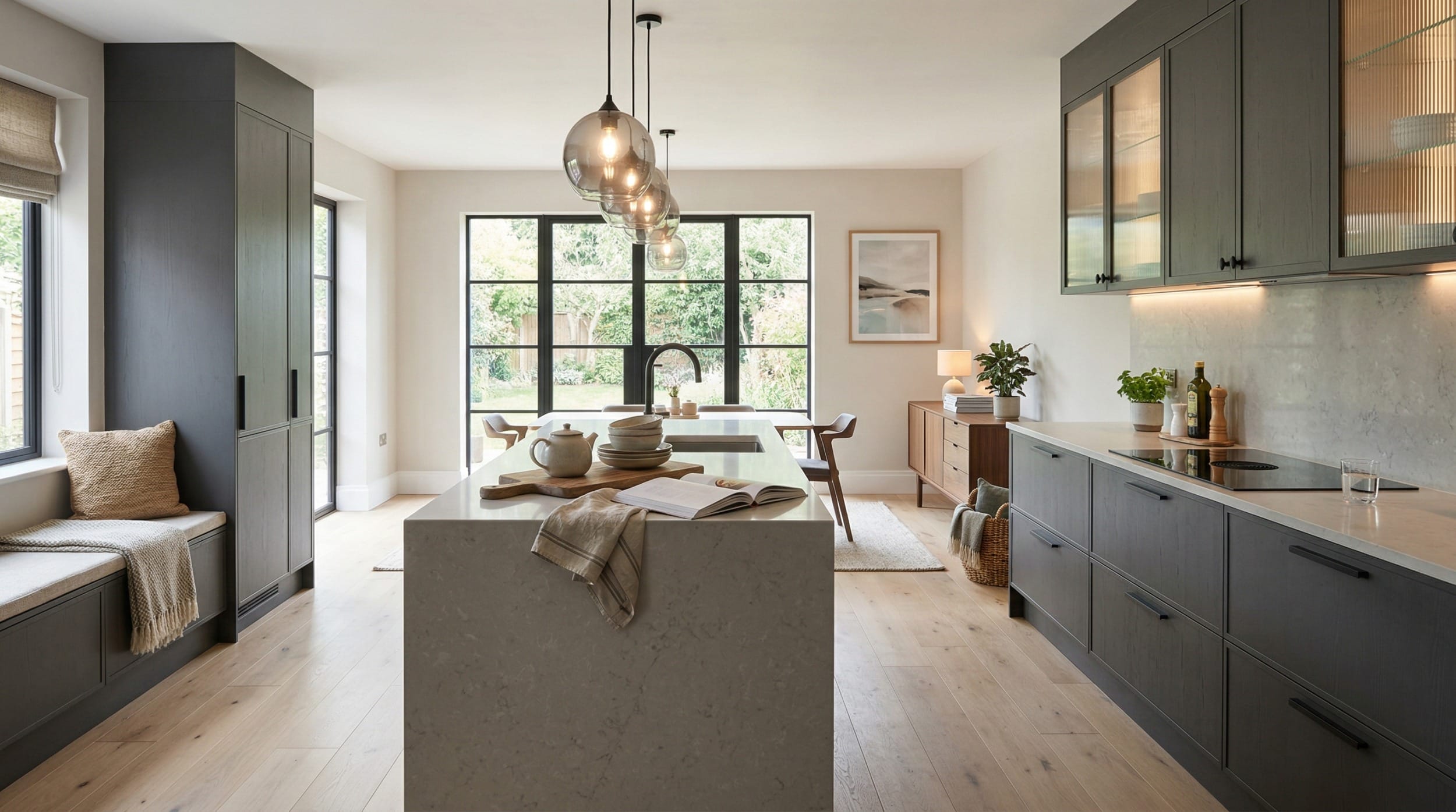 Mastercraft bespoke kitchen design, wide architectural view showing room volume and design quality