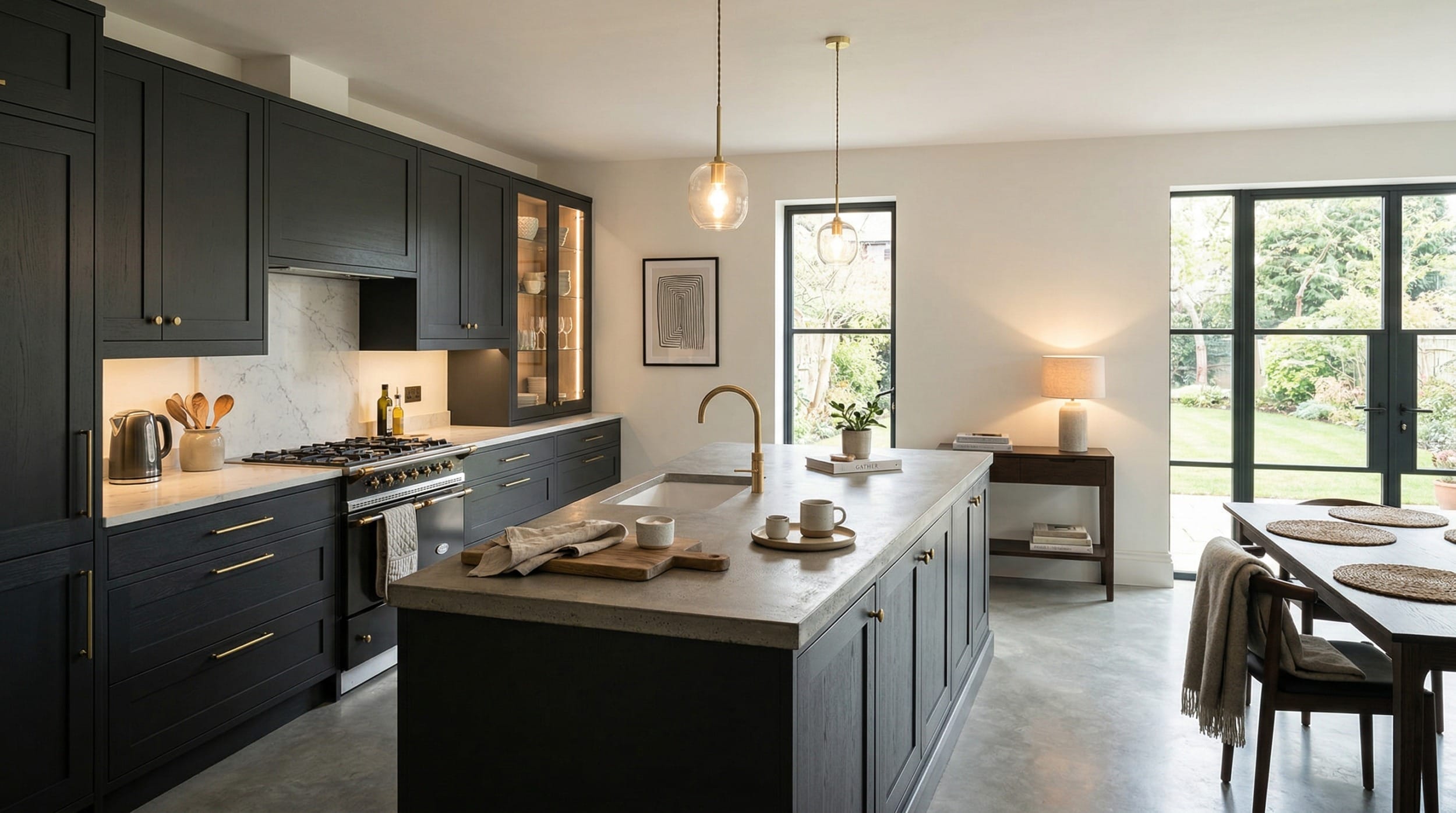 Mastercraft bespoke kitchen design, wide architectural view showing room volume and design quality