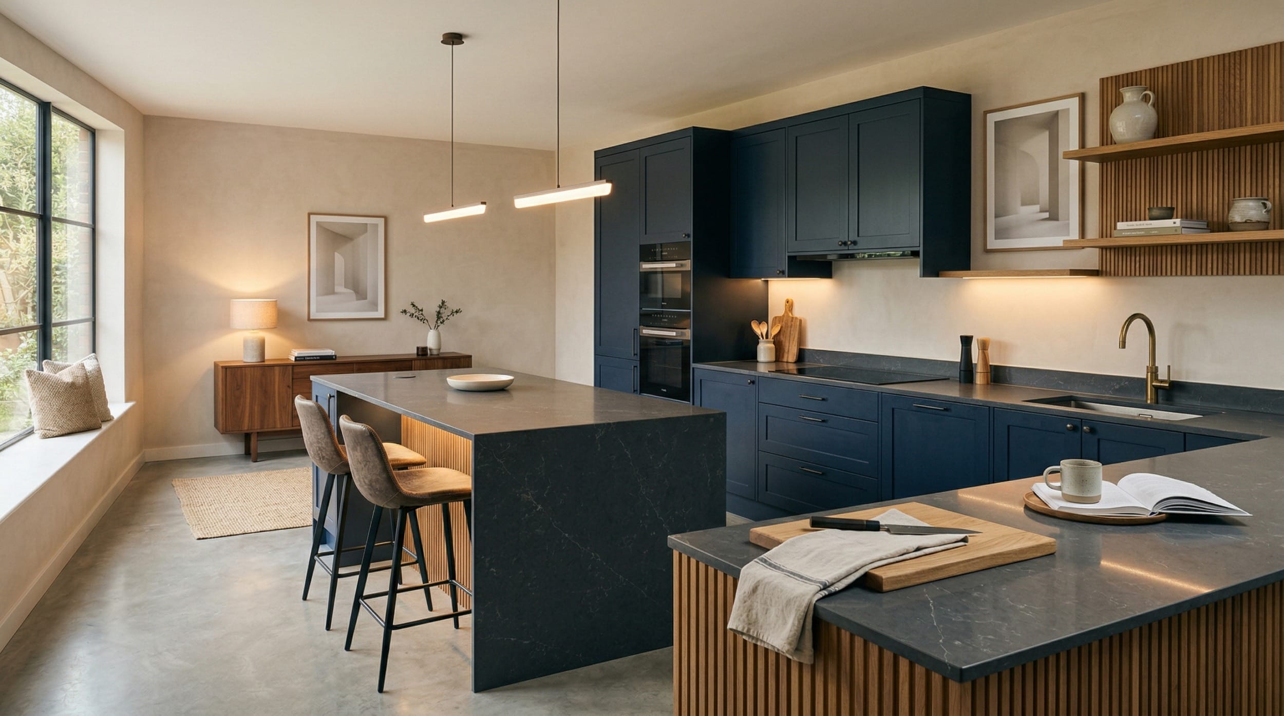 Mastercraft bespoke kitchen design, wide architectural view showing room volume and design quality