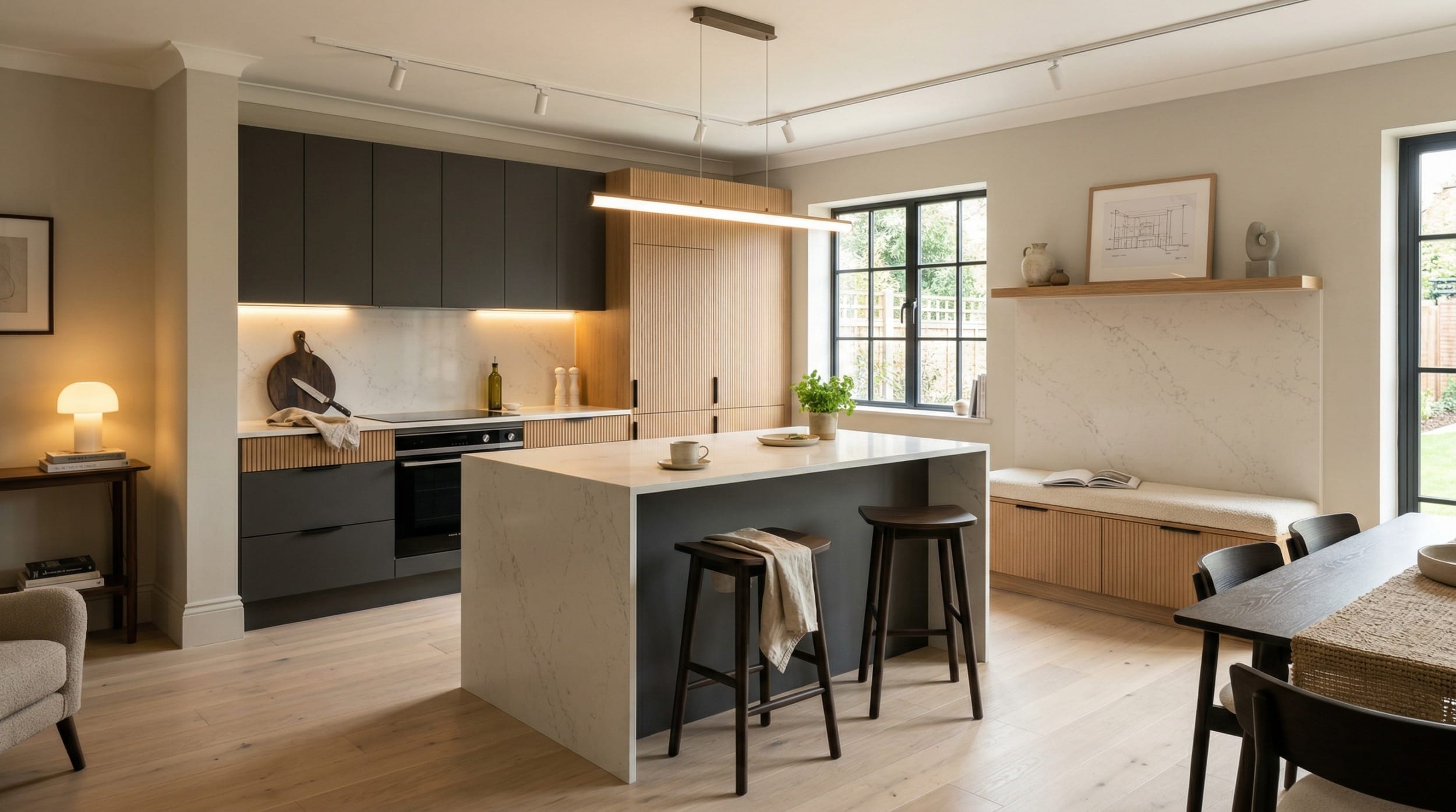 Mastercraft bespoke kitchen design, wide architectural view showing room volume and design quality