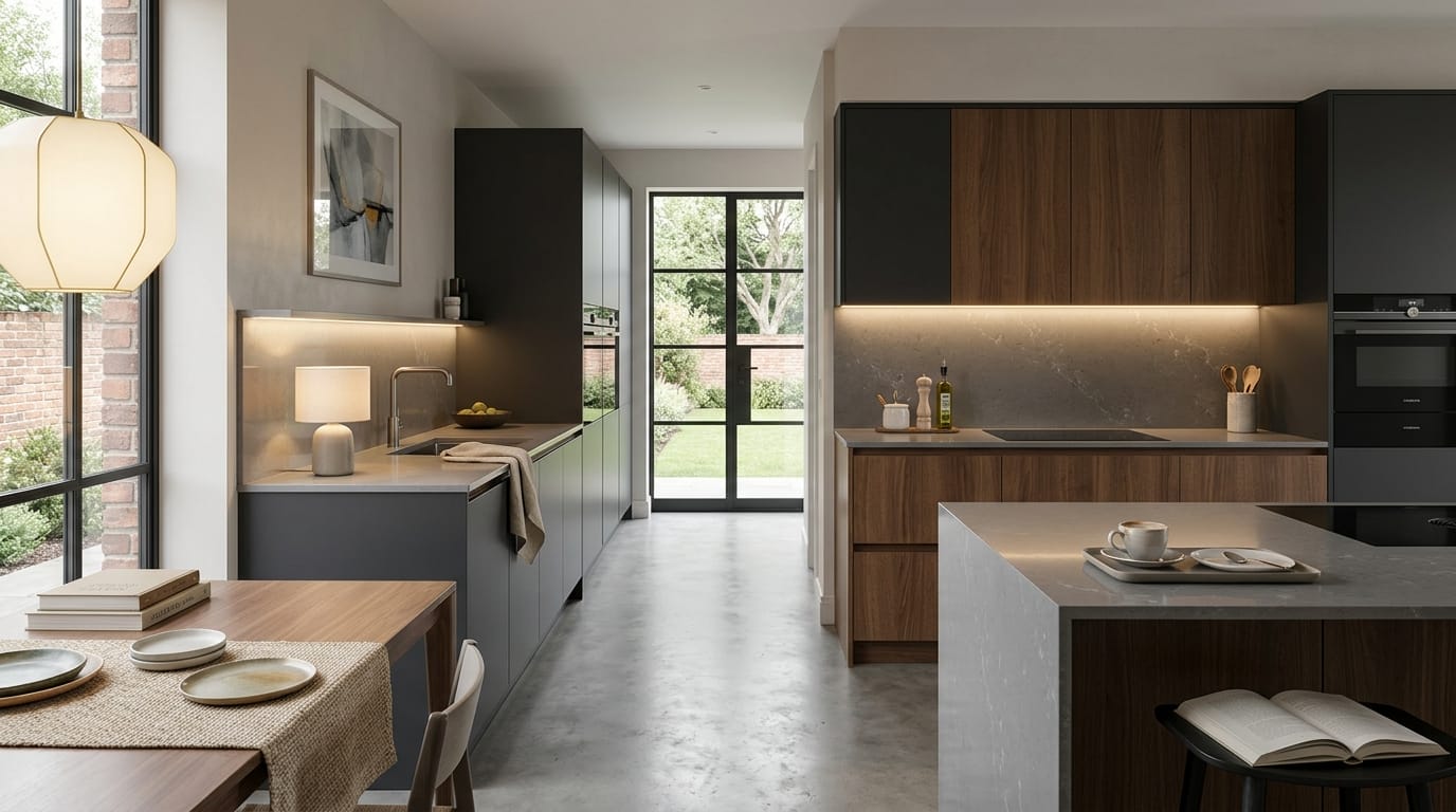 Mastercraft bespoke kitchen in Chester, wide architectural view showing room volume and design quality