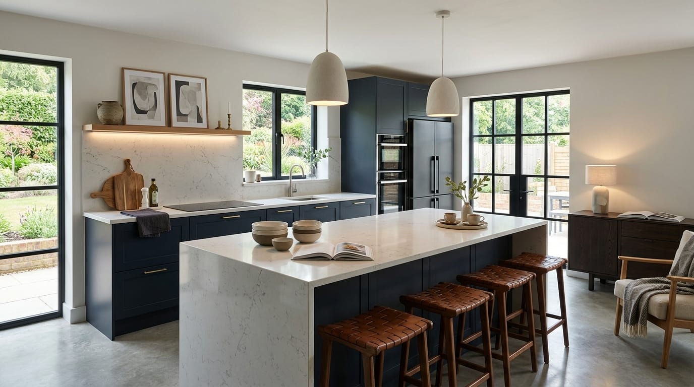 Mastercraft bespoke kitchen in Canterbury, wide architectural view showing room volume and design quality
