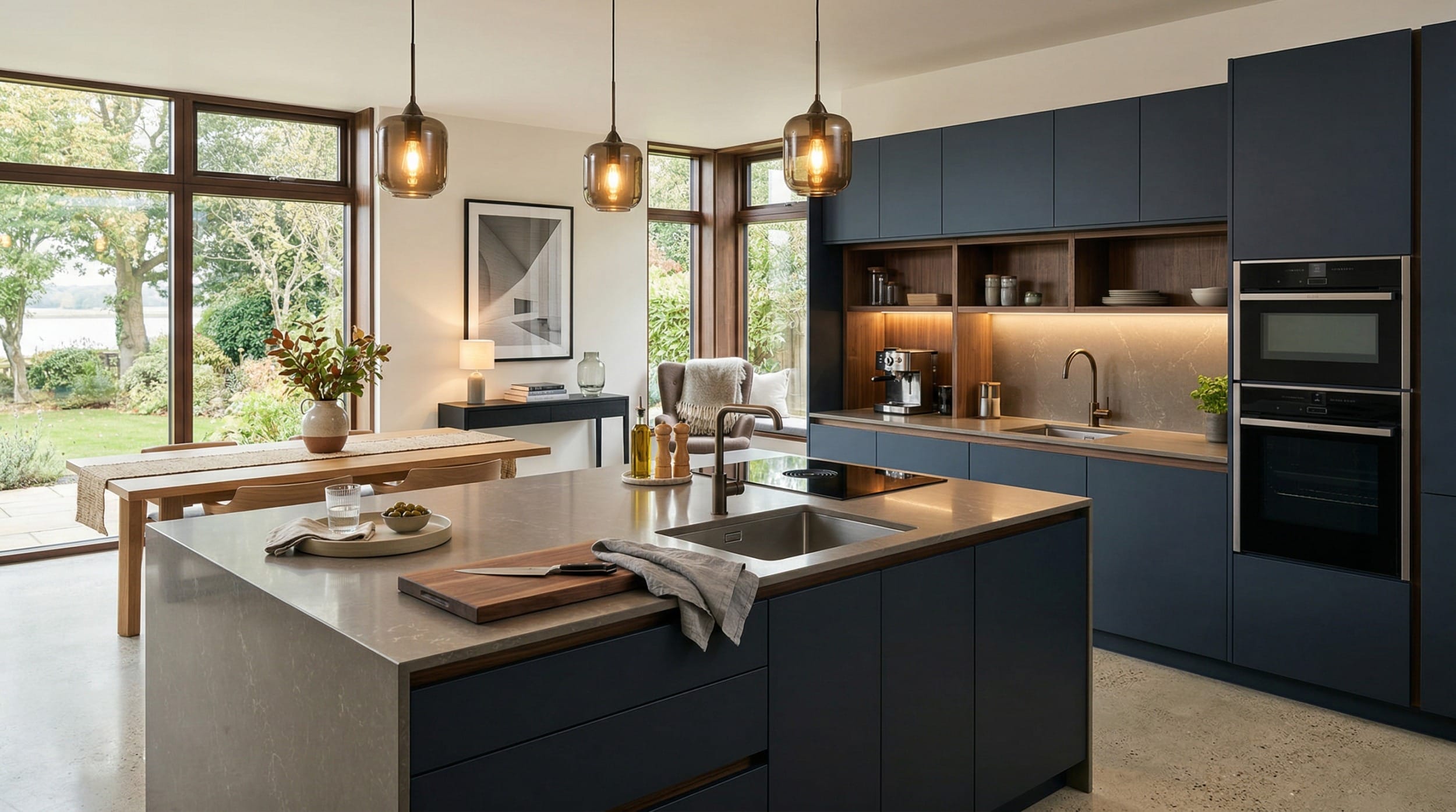 Mastercraft bespoke kitchen design, wide architectural view showing room volume and design quality