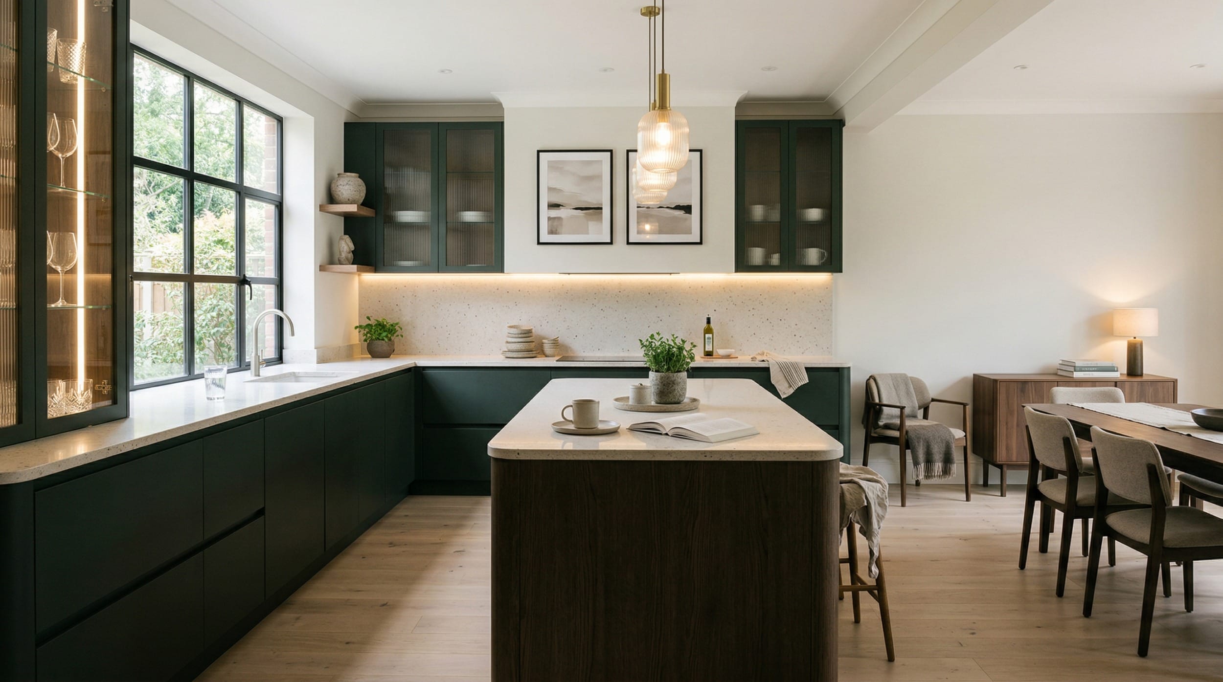 Mastercraft bespoke kitchen design, wide architectural view showing room volume and design quality