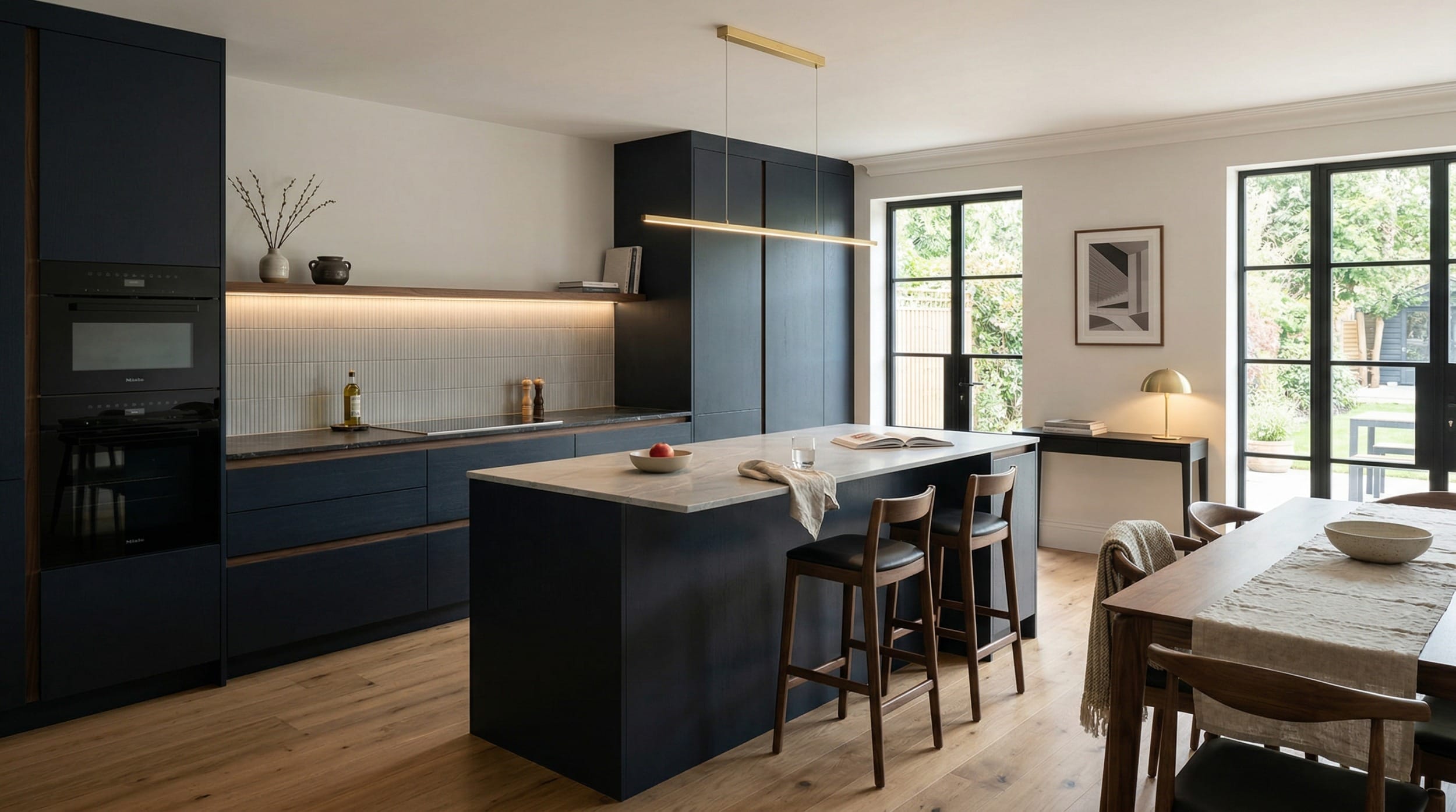 Mastercraft bespoke kitchen design, wide architectural view showing room volume and design quality