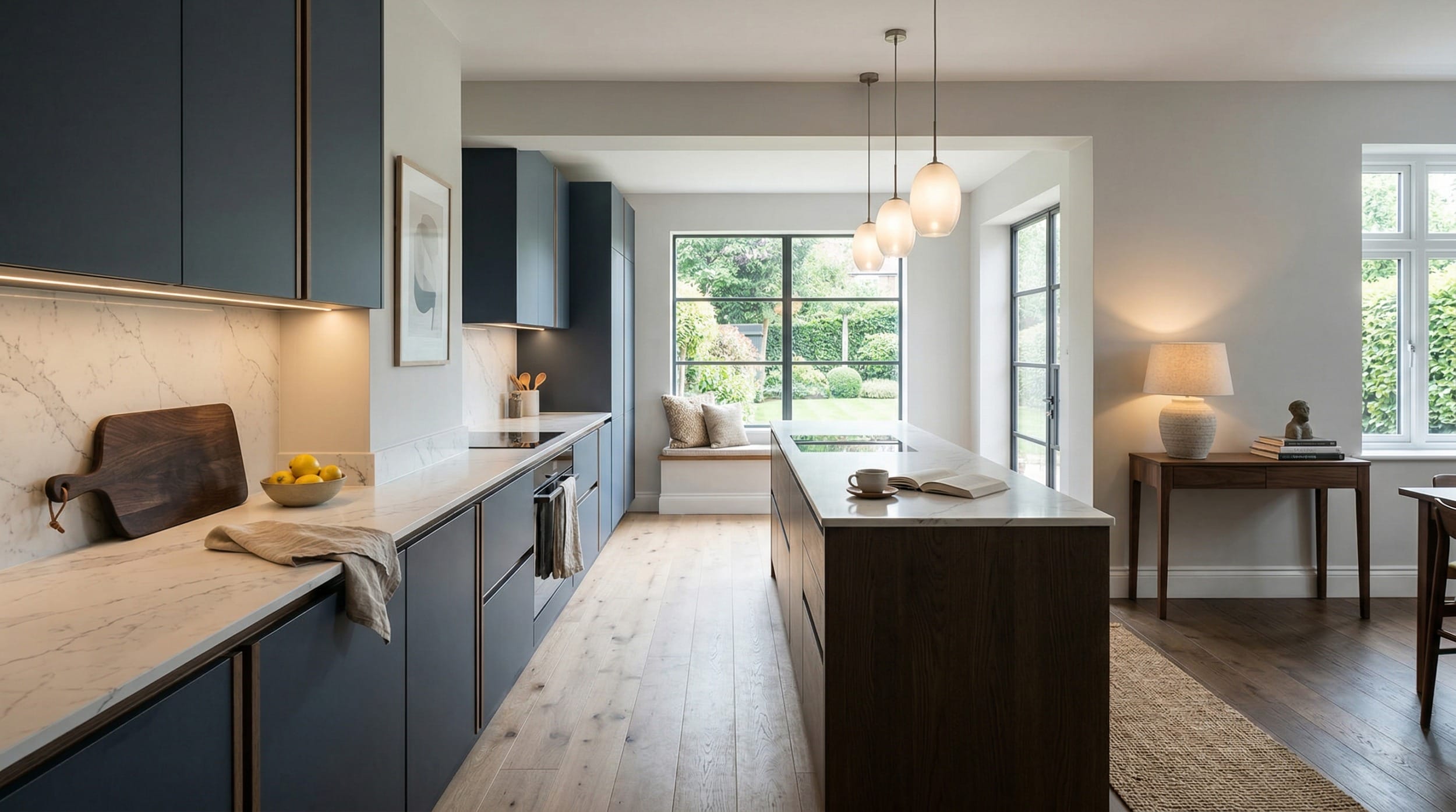 Mastercraft bespoke kitchen design, wide architectural view showing room volume and design quality