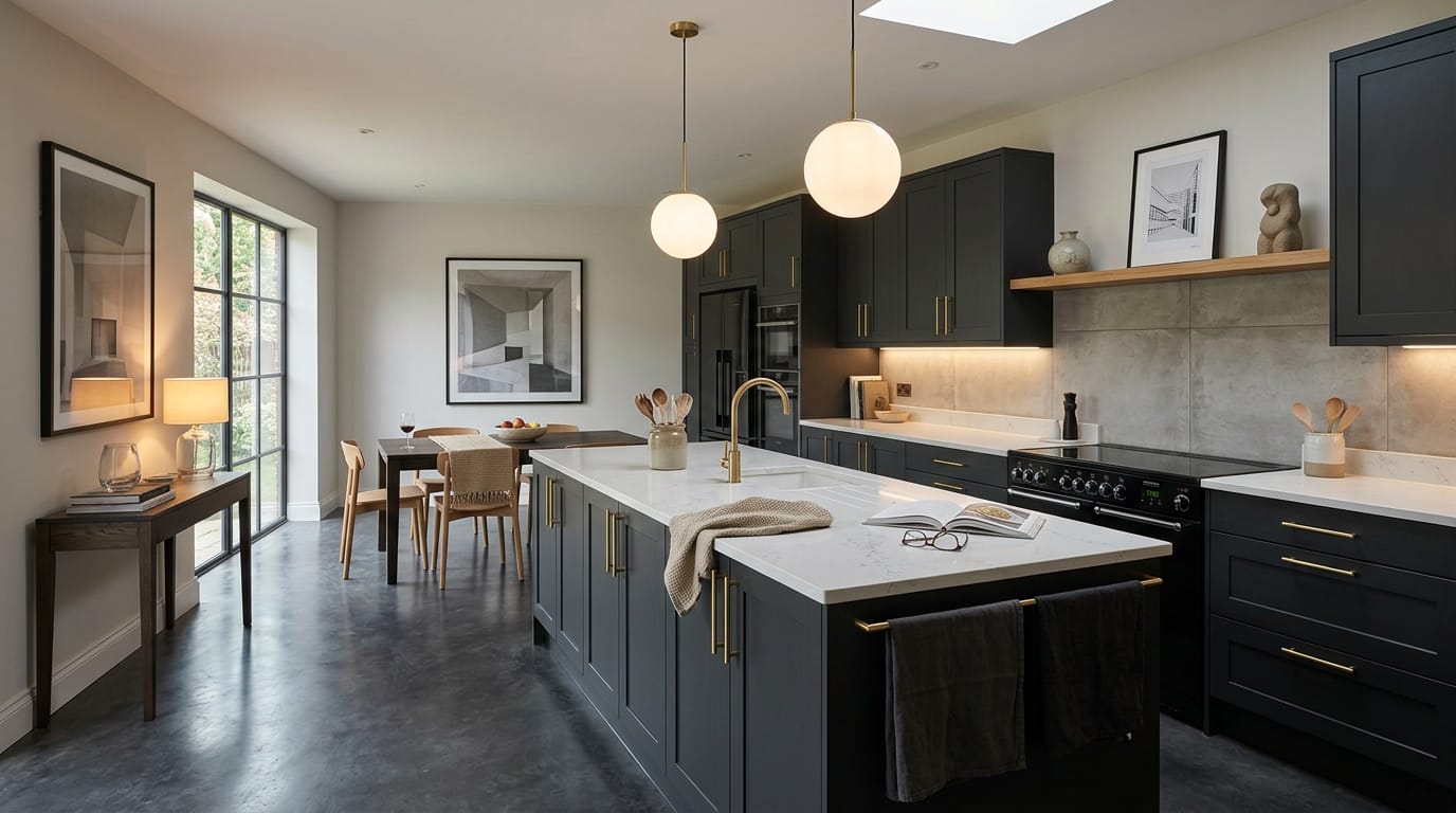 hero2_1200x675-31 Mastercraft bespoke kitchen in Faversham, wide architectural view showing room volume and design quality