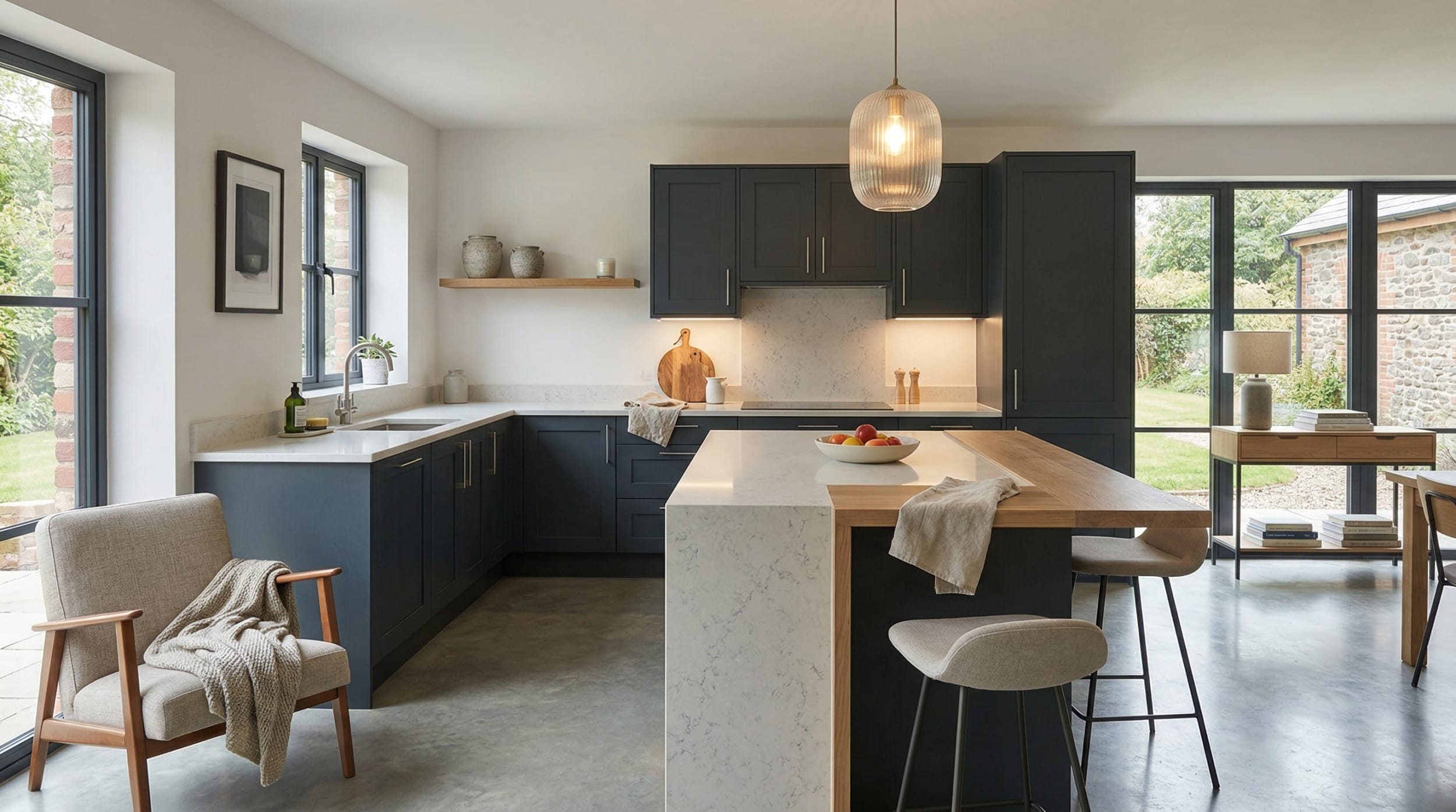 Mastercraft bespoke kitchen design, wide architectural view showing room volume and design quality