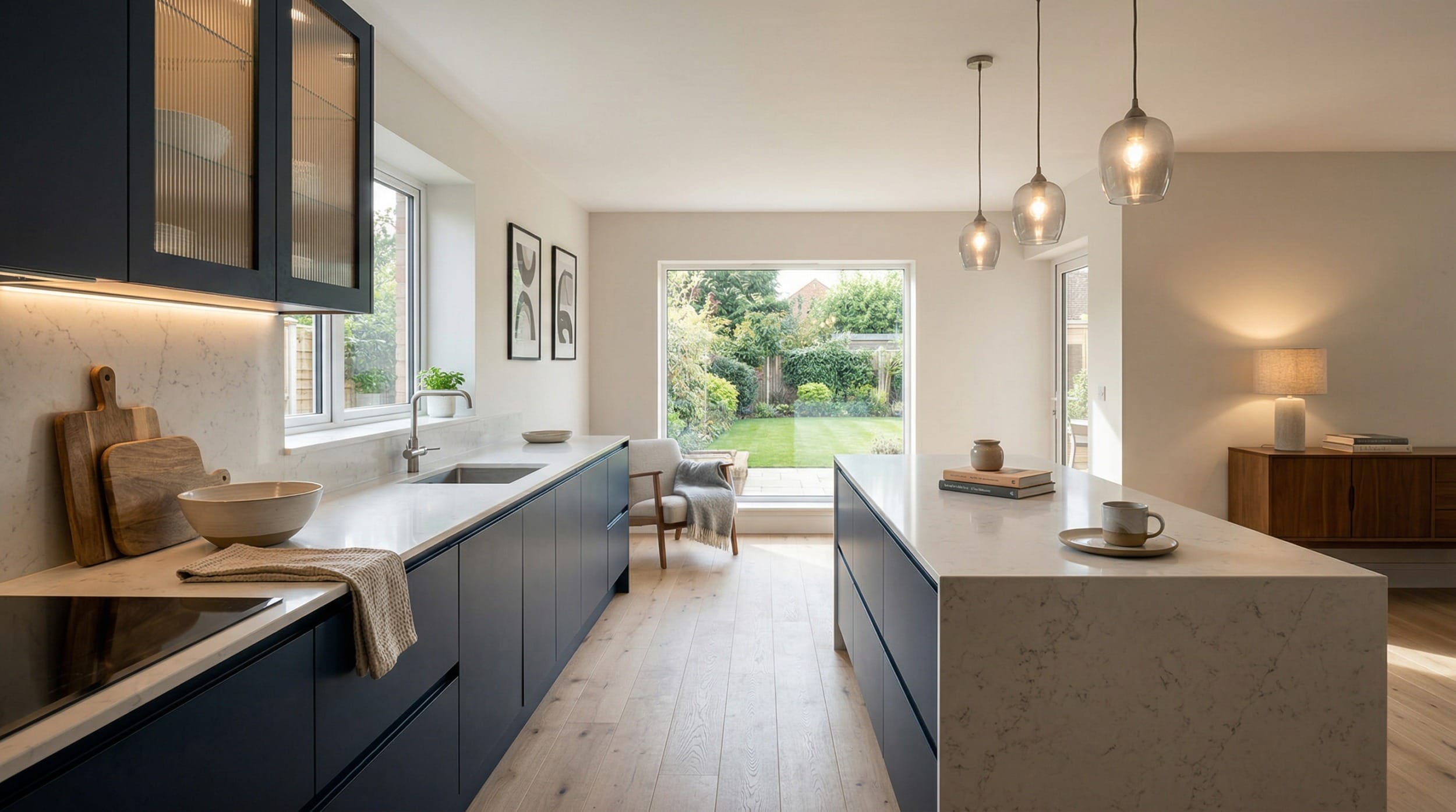 Mastercraft bespoke kitchen design, wide architectural view showing room volume and design quality