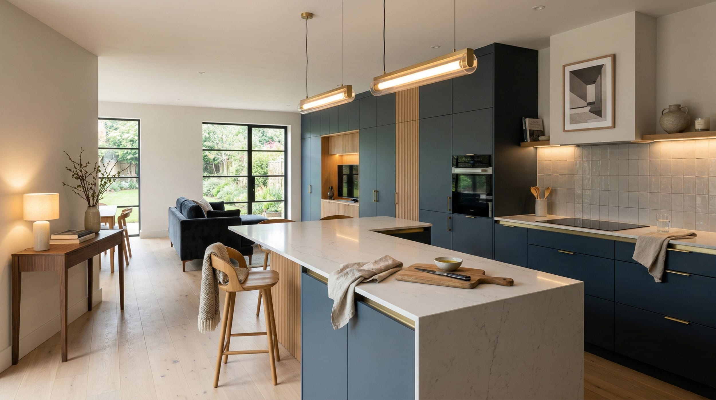 Mastercraft bespoke kitchen design, wide architectural view showing room volume and design quality