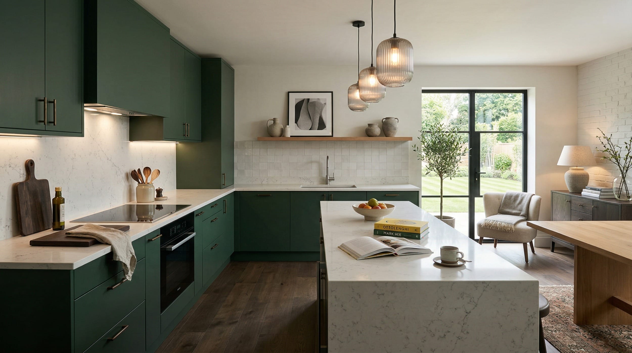 Mastercraft bespoke kitchen design, wide architectural view showing room volume and design quality