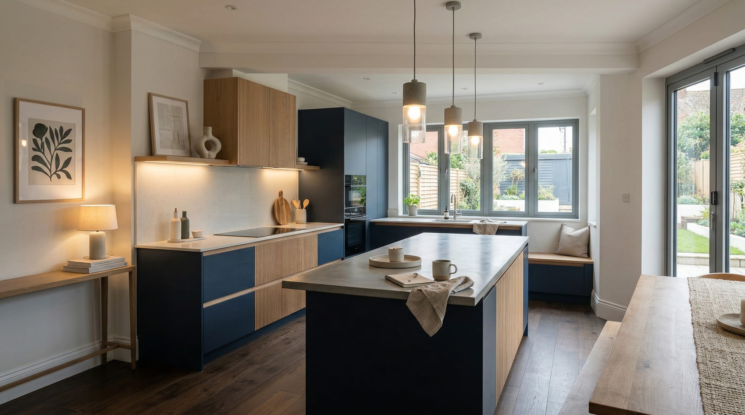 Mastercraft bespoke kitchen design, wide architectural view showing room volume and design quality