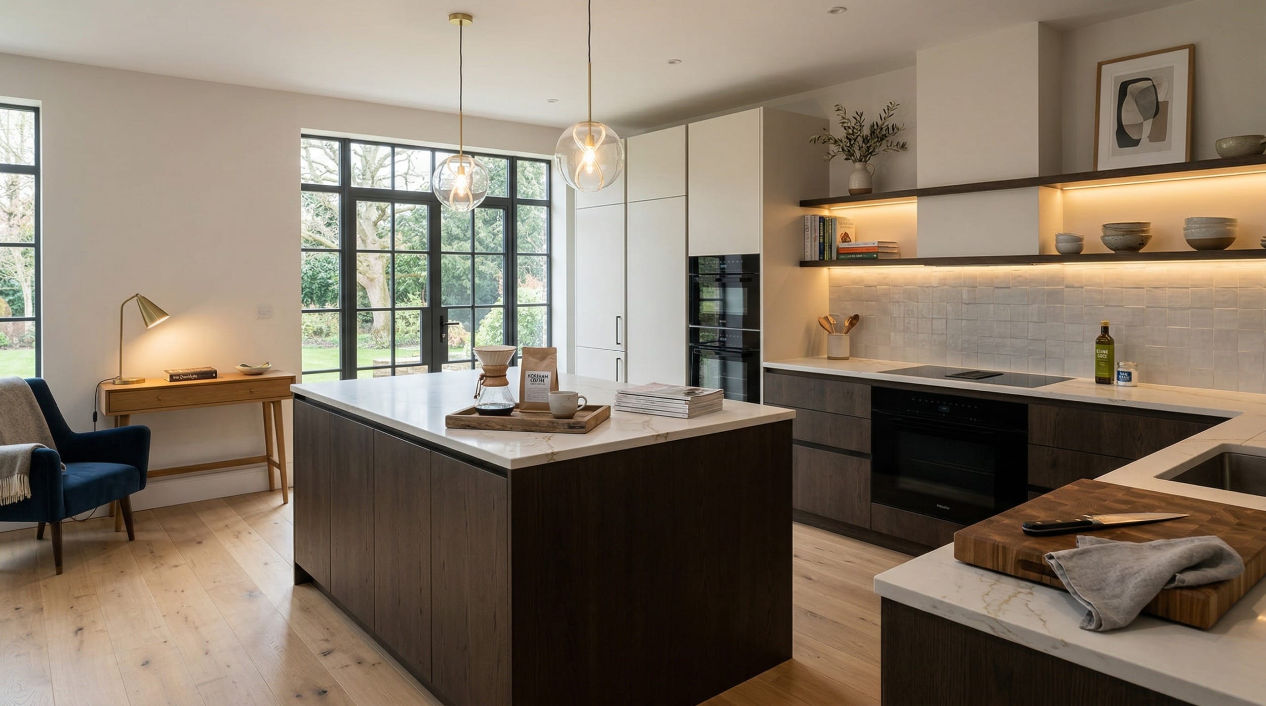 Mastercraft bespoke kitchen design, wide architectural view showing room volume and design quality