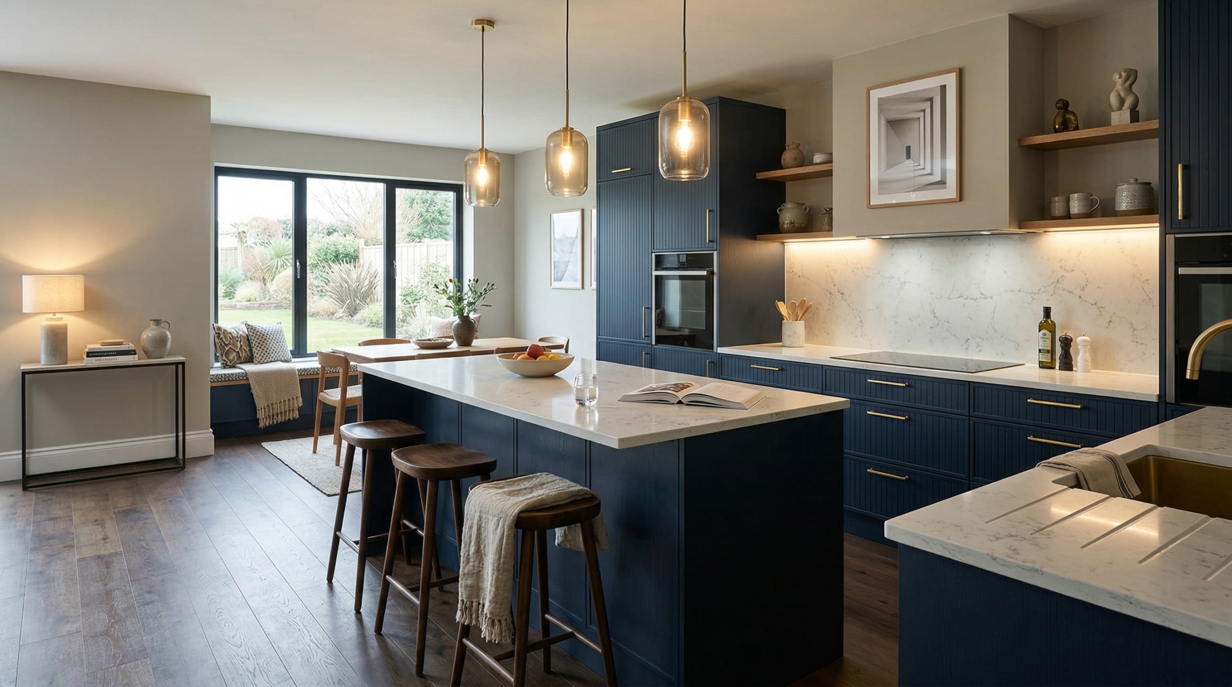 Mastercraft bespoke kitchen design, wide architectural view showing room volume and design quality