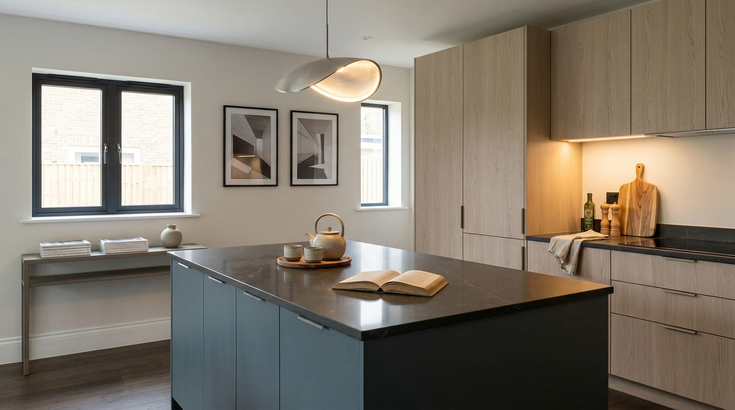 Mastercraft bespoke kitchen design, wide architectural view showing room volume and design quality