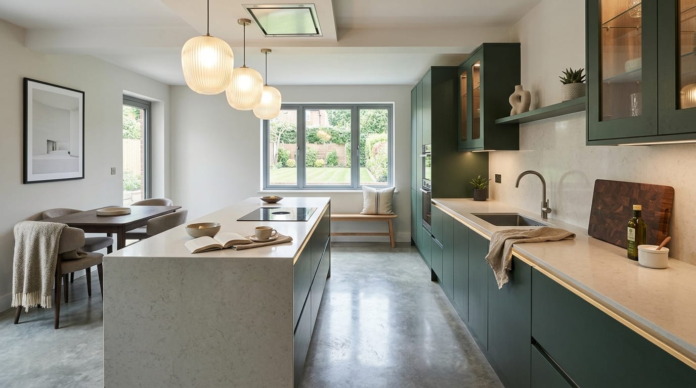 Mastercraft bespoke kitchen in Cranbrook, wide architectural view showing room volume and design quality