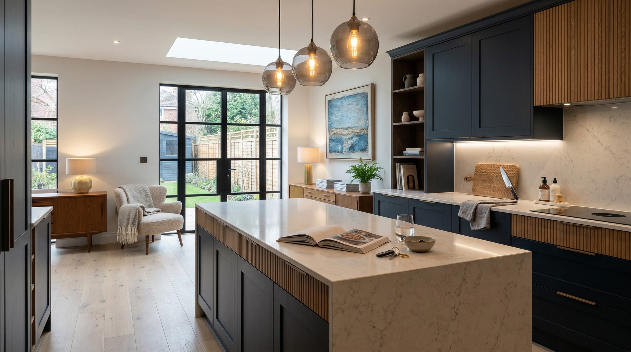 Mastercraft bespoke kitchen design, wide architectural view showing room volume and design quality