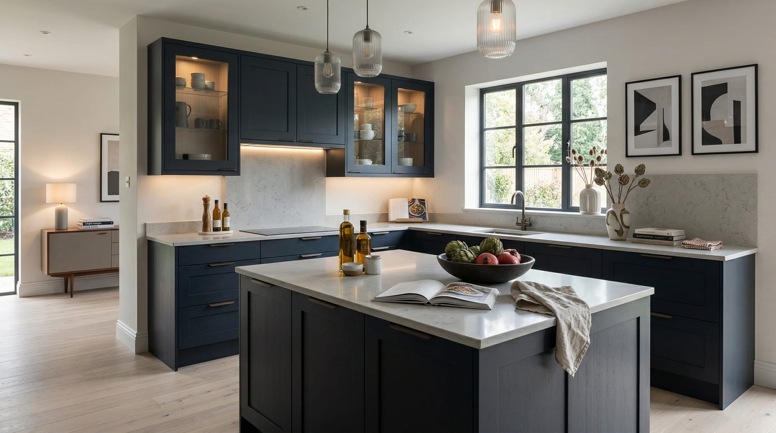 Mastercraft bespoke kitchen design, wide architectural view showing room volume and design quality