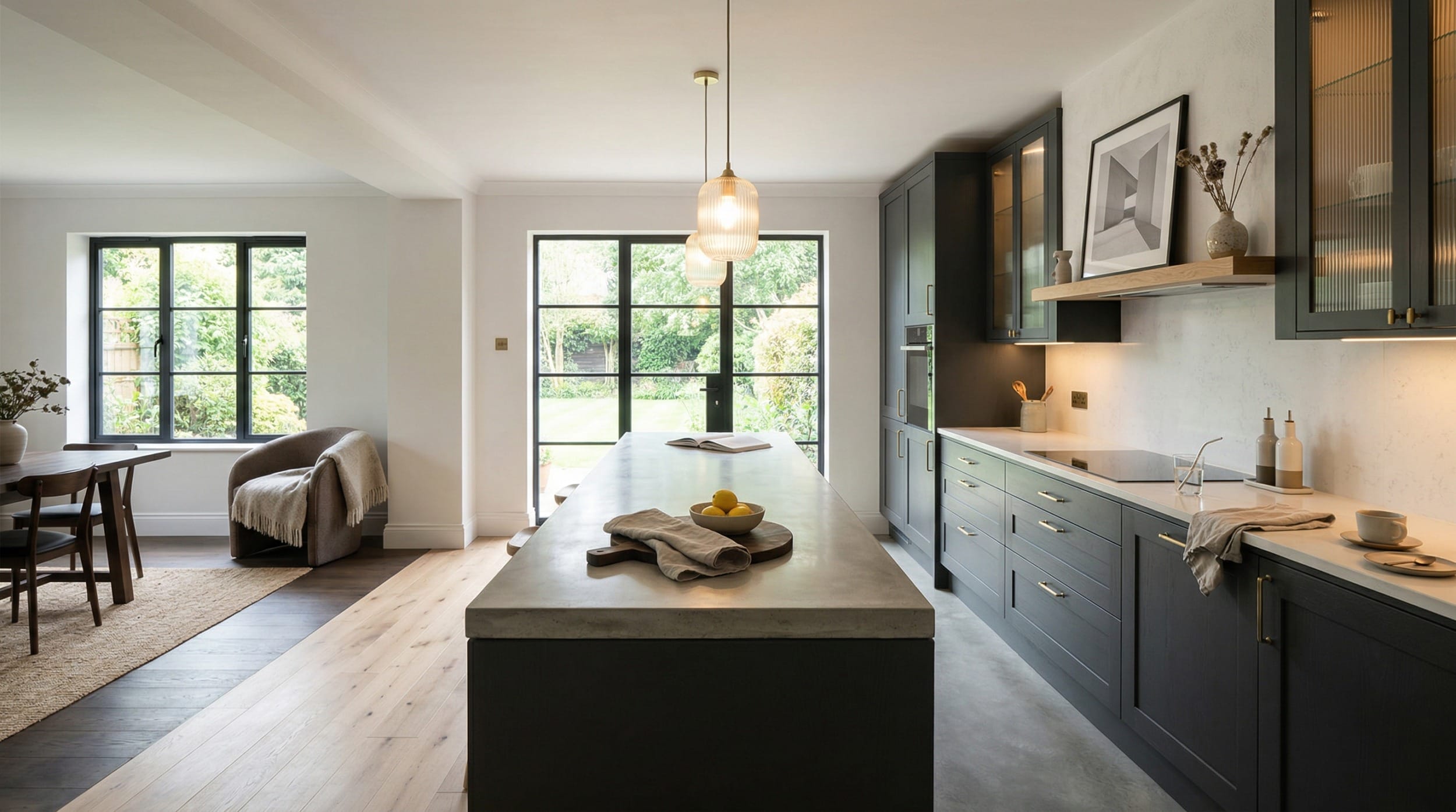 Mastercraft bespoke kitchen design, wide architectural view showing room volume and design quality