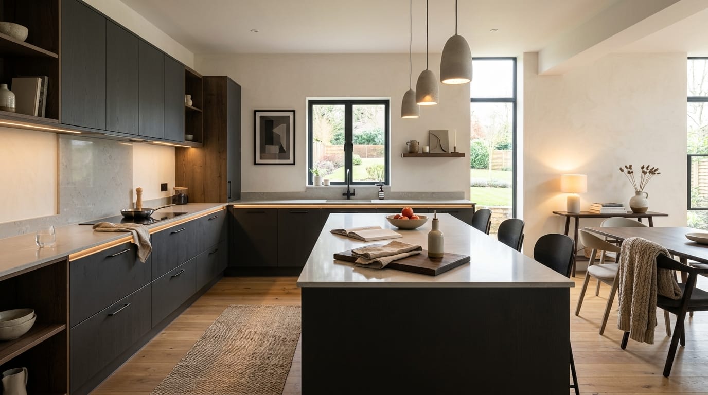 Mastercraft bespoke kitchen in Tenterden, wide architectural view showing room volume and design quality