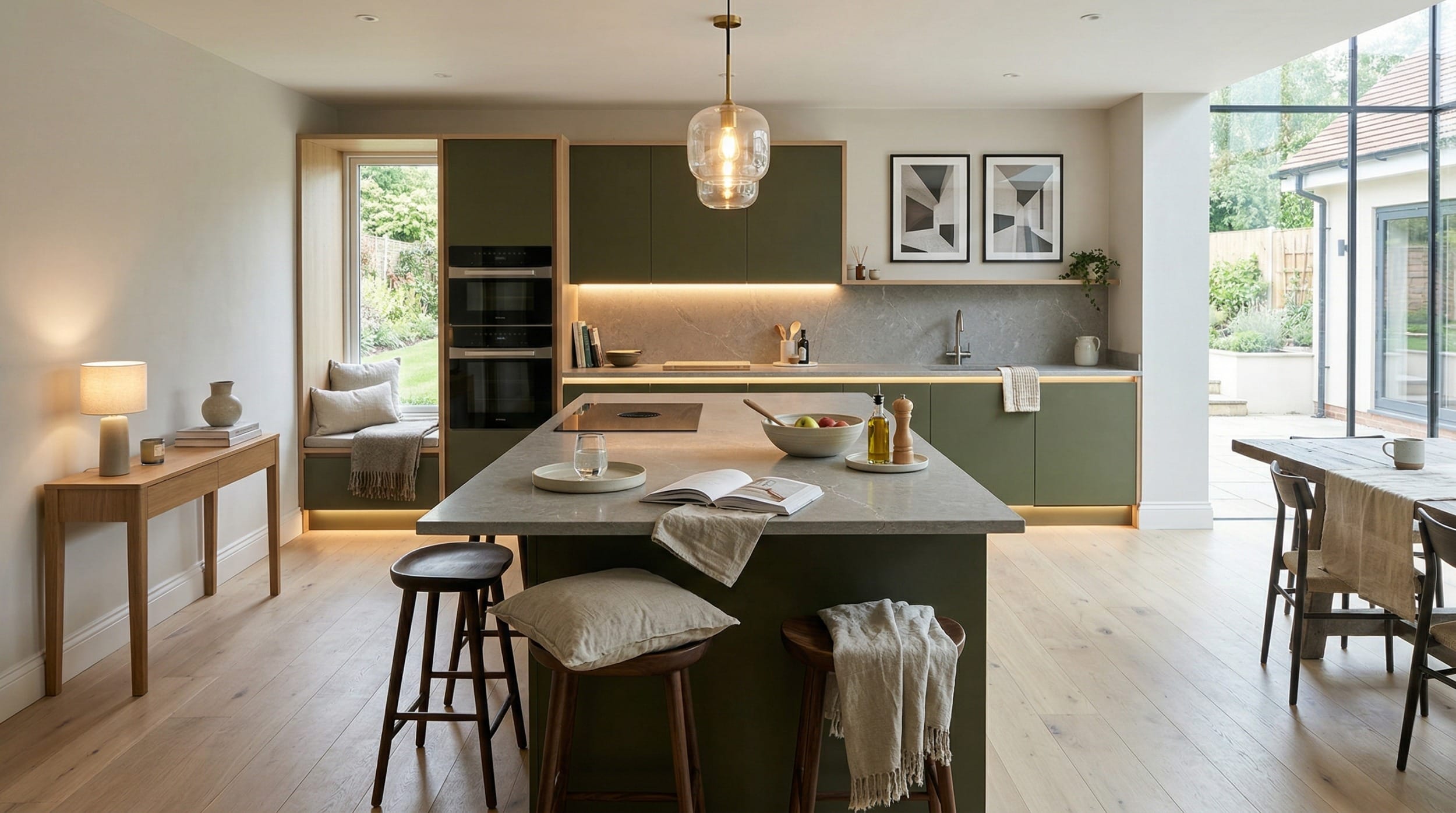 Mastercraft bespoke kitchen design, wide architectural view showing room volume and design quality