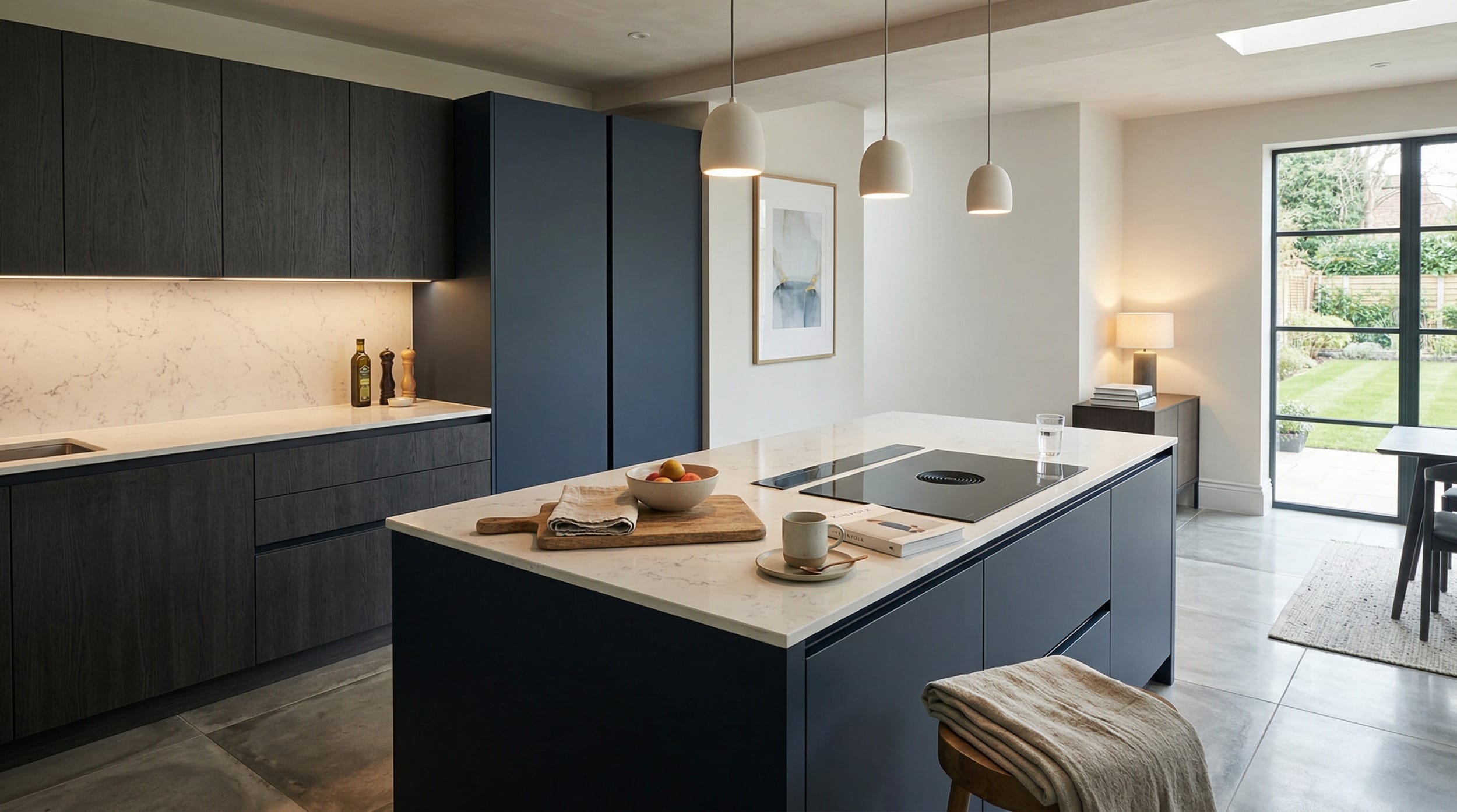 matte dark cabinets with white marble worktops and pendant lights over island