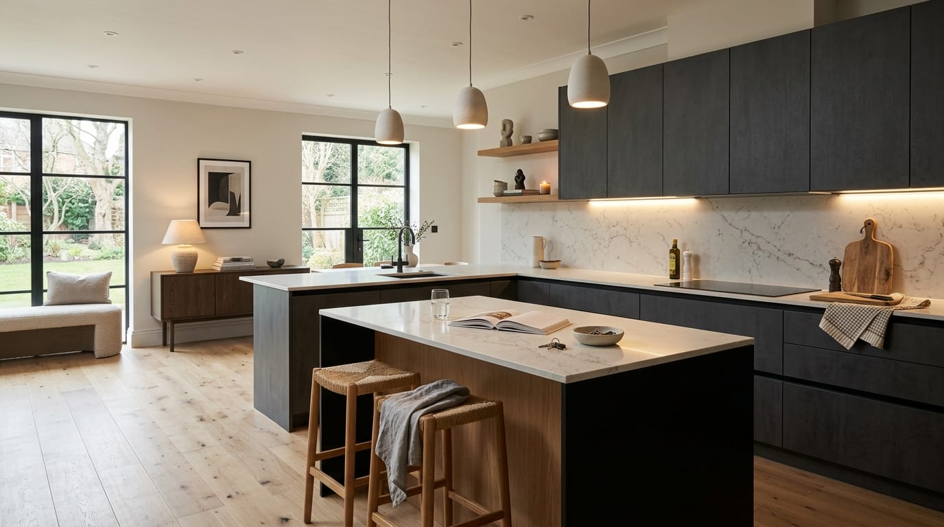 Mastercraft bespoke kitchen in Windsor, wide architectural view showing room volume and design quality