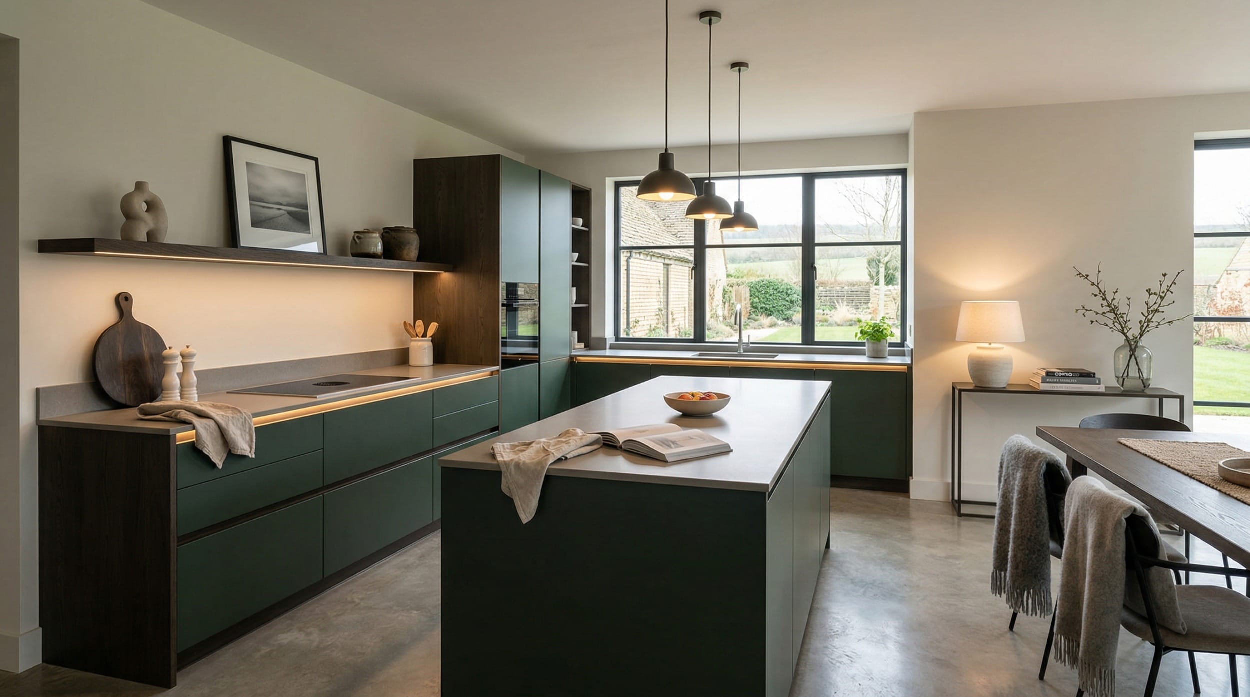 Mastercraft bespoke kitchen design, wide architectural view showing room volume and design quality