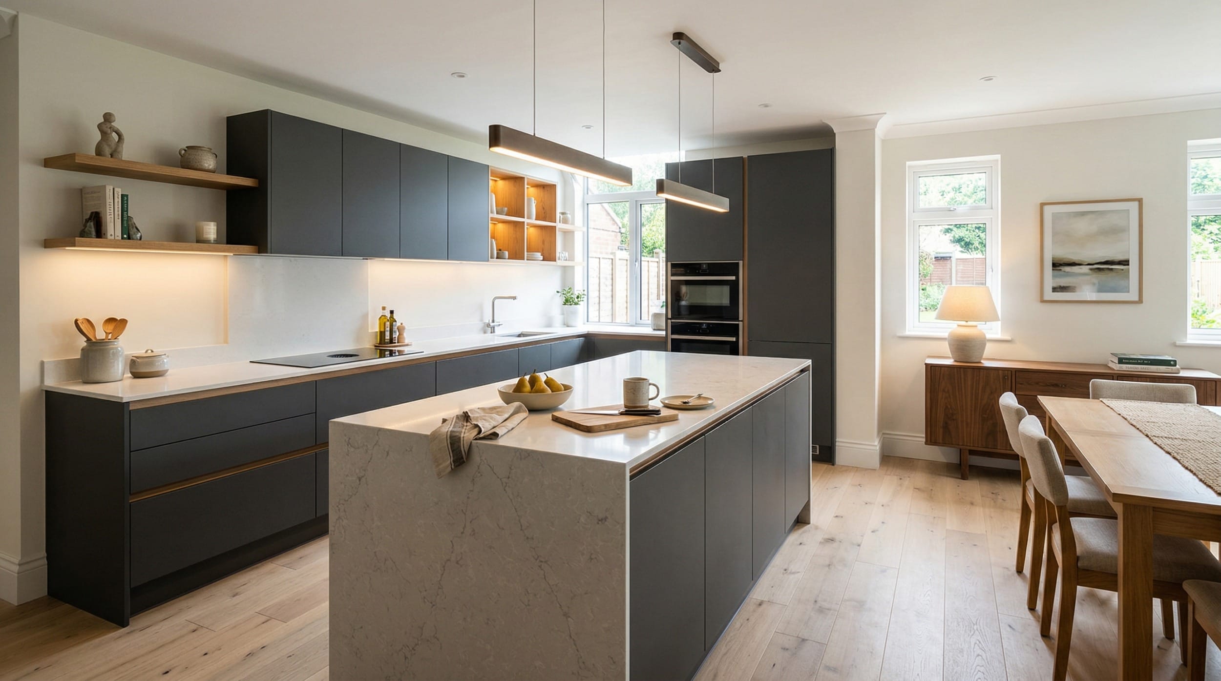 matte dark grey kitchen units with marble island and wood accents