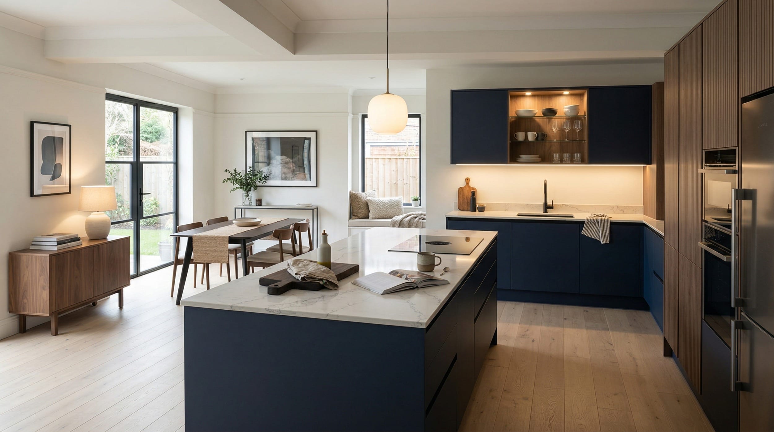 Mastercraft bespoke kitchen design, wide architectural view showing room volume and design quality