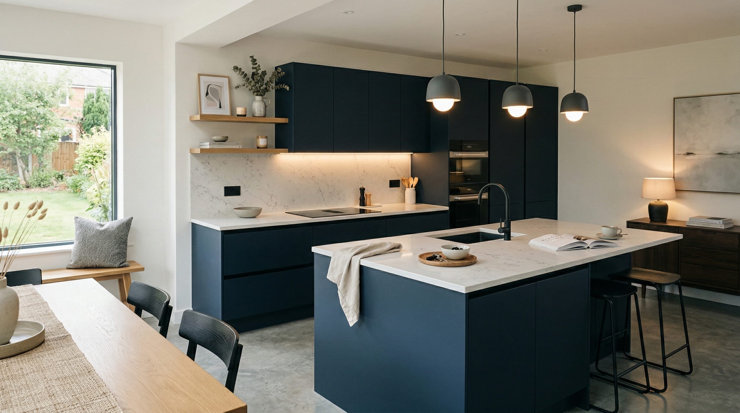 matte navy kitchen units with white marble worktops and pendant lighting